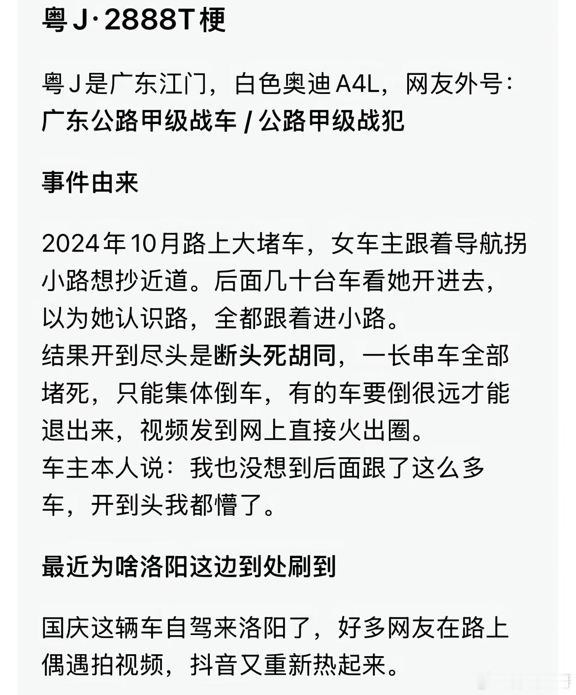 2024年10月路上大堵车，女车主跟着导航拐小路想抄近道，然后后面几十台车看她开