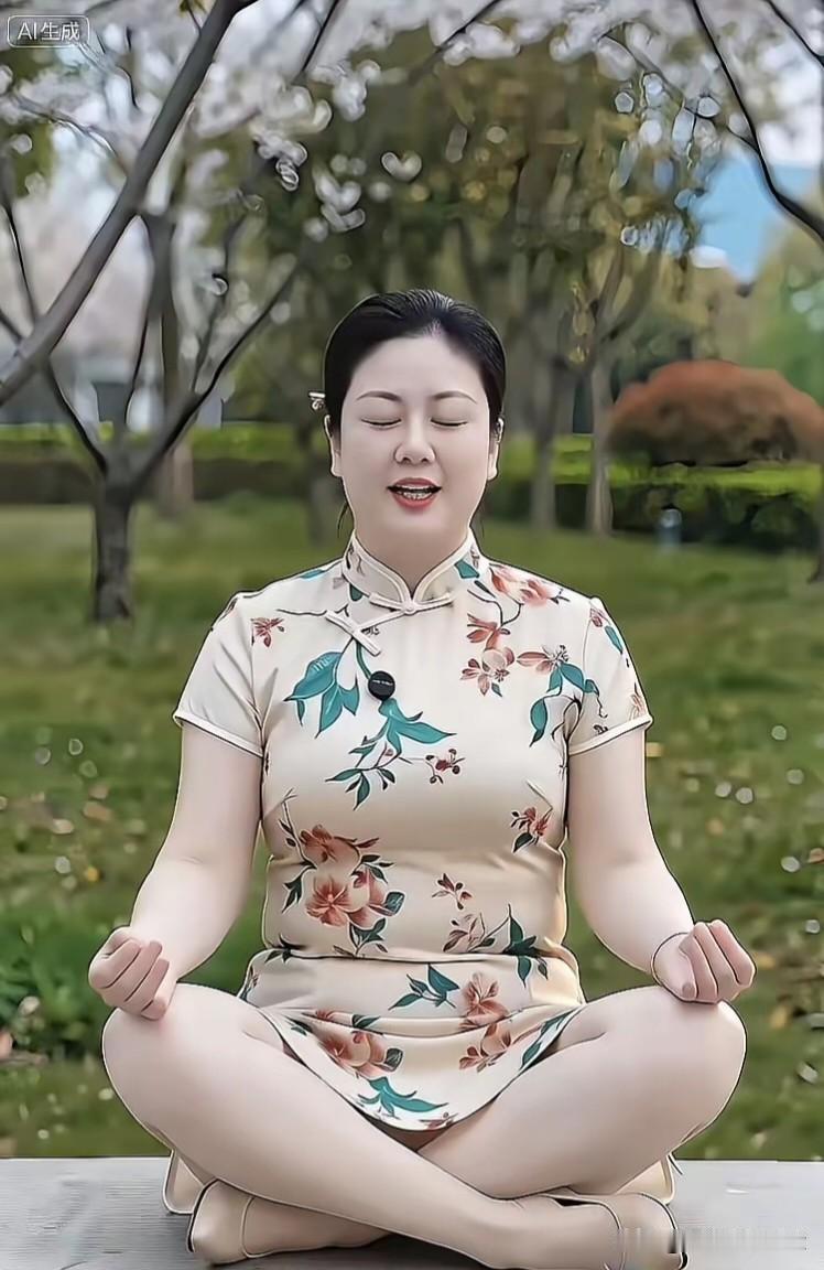 春日园林里，繁花枝桠作背景。女子身着印花短款旗袍，盘发素雅，正盘腿静坐，双目轻阖