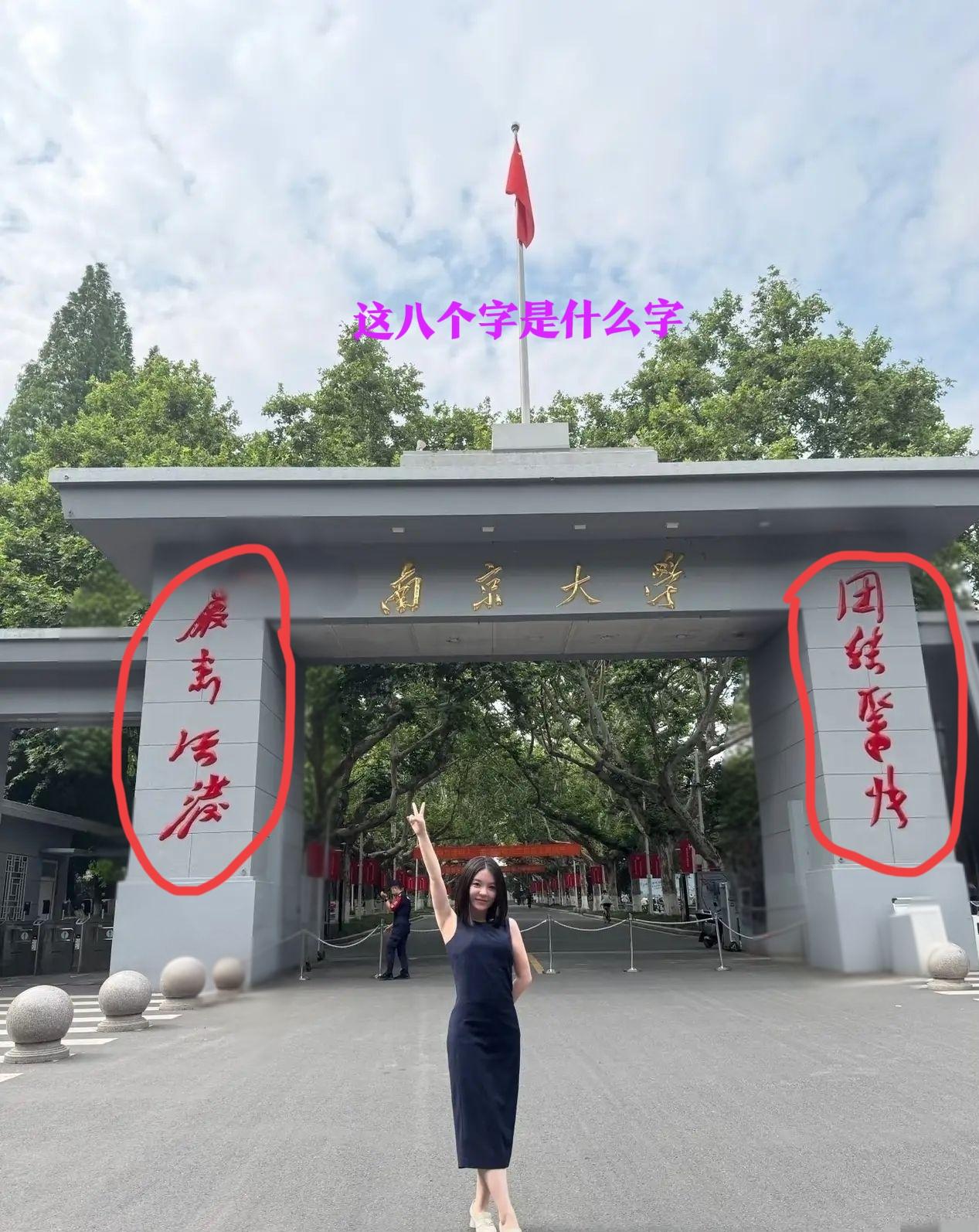 和朋友路过南京大学，看到校门两侧，白墙红字，很醒目的八个字，仔细看了半天，就只认