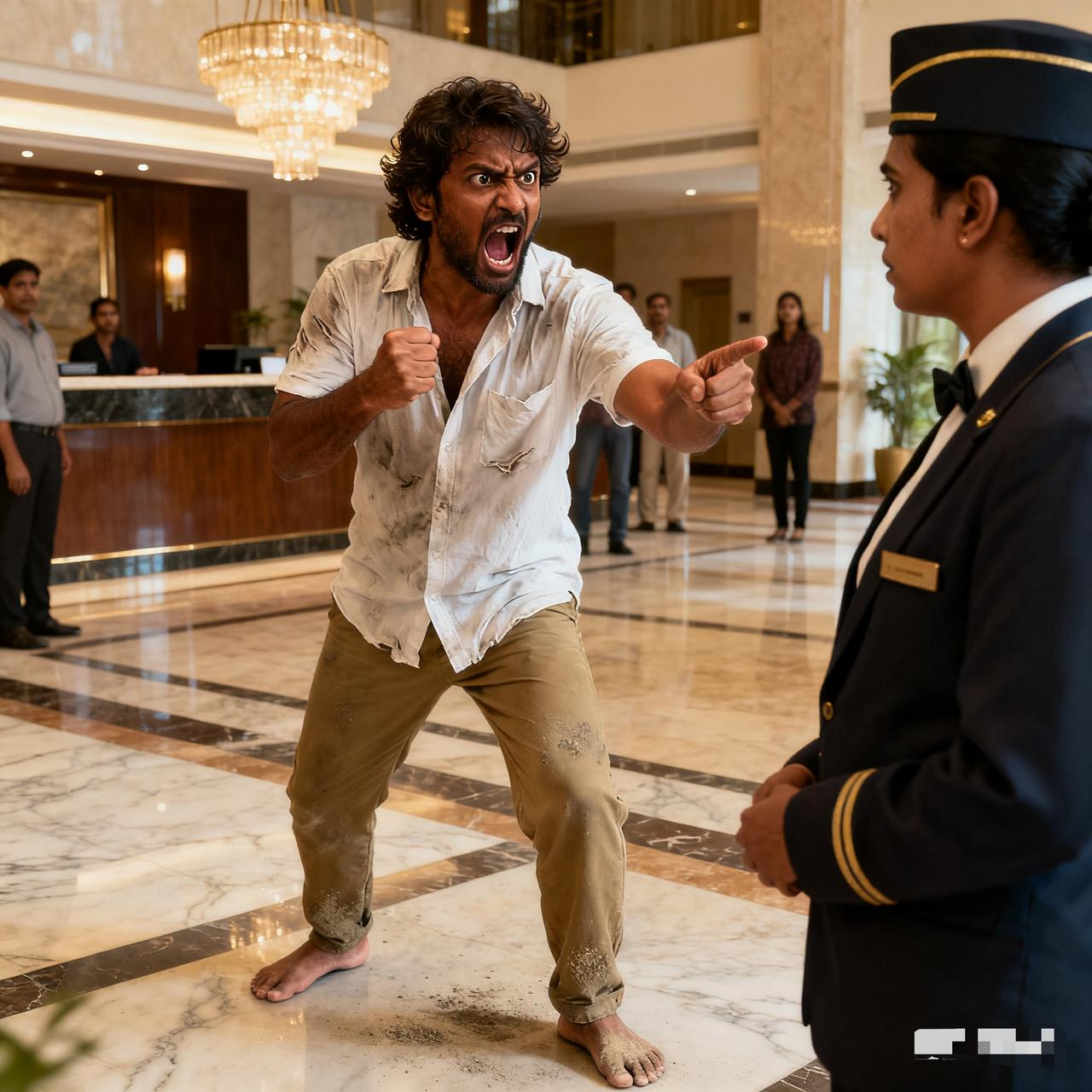 印度阿三的脑回路真是不一般。他站在酒店大堂撒泼的样子，真想上去给他一个大电炮，让