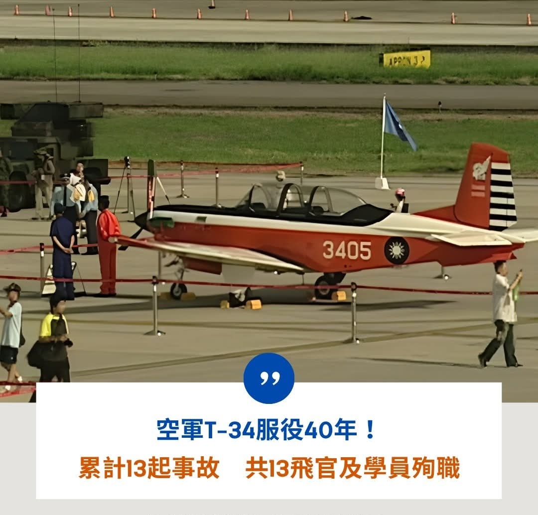 台空军一飞机坠毁2人死亡台媒统计，台空军T-34初教机服役40年，累计发生13起