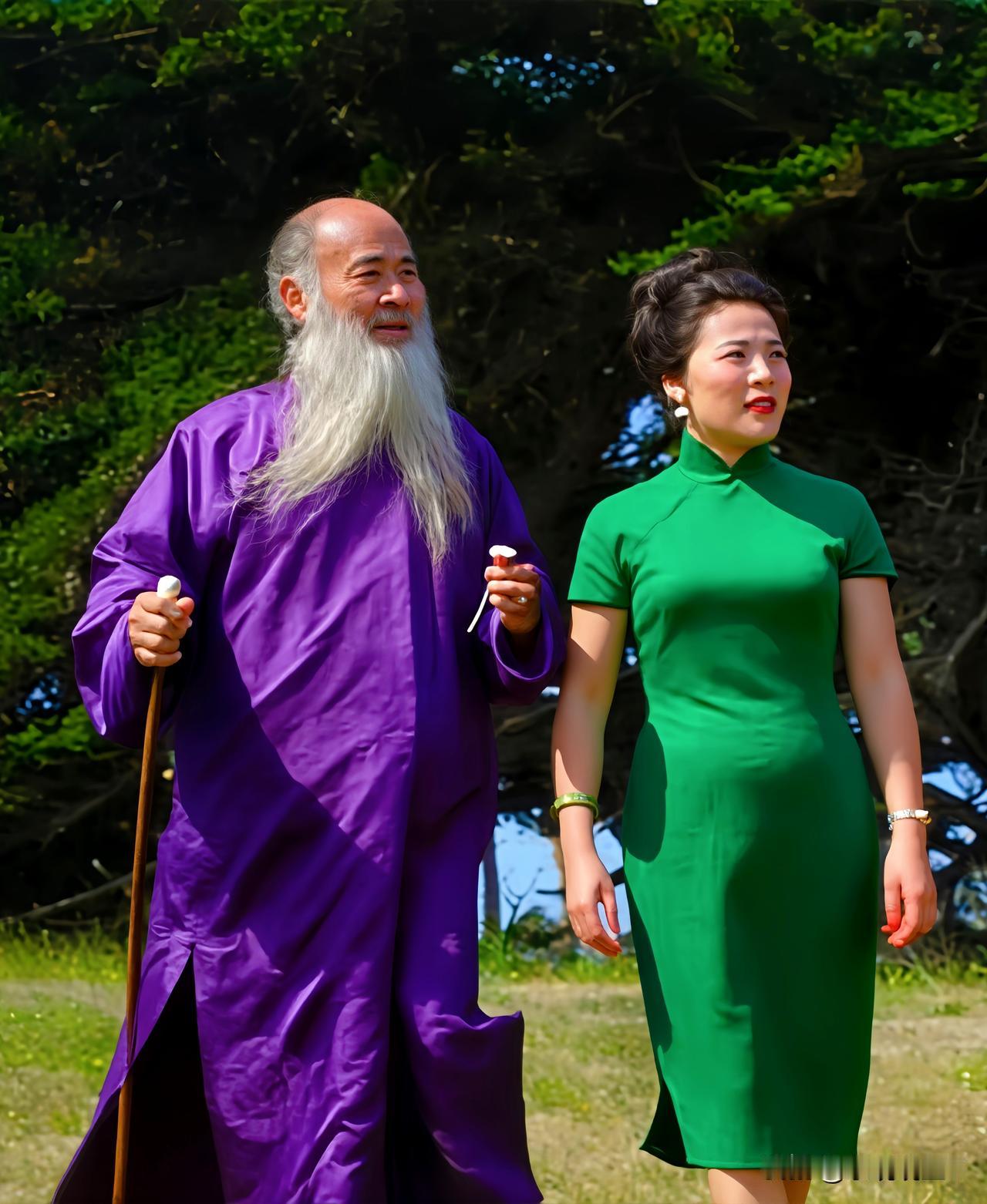 一九六七年，在美国加州的张大千与他的娇妻徐雯波。这绝非演戏，确是货真价实的张大千