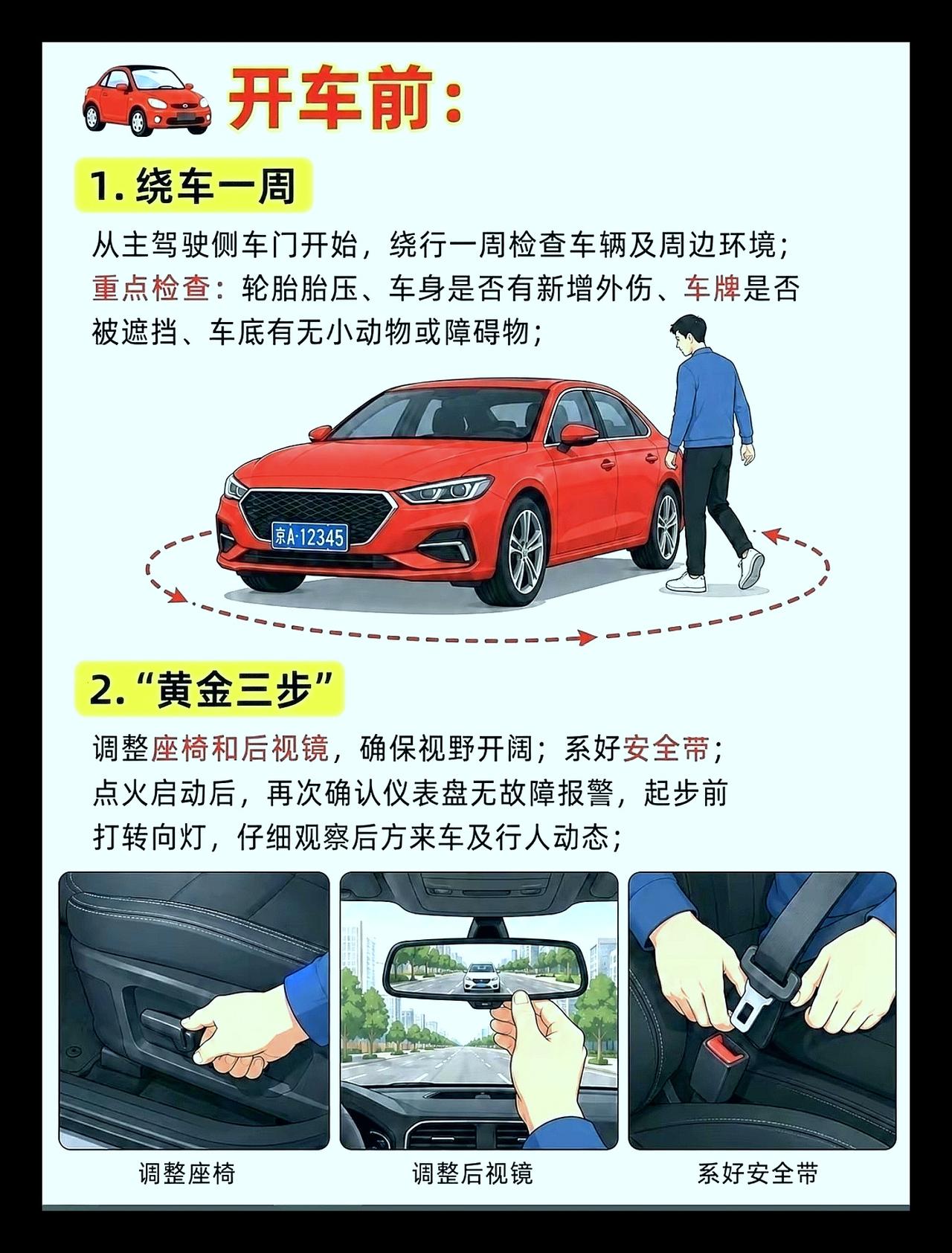 开车前，绕车一周，三步到位。新车速成开车技巧方法