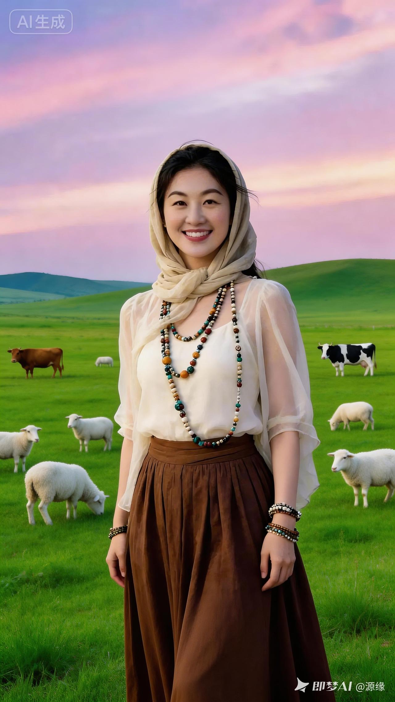 草原上的牧羊女，笑靥如花，美不胜收！🌿🐑