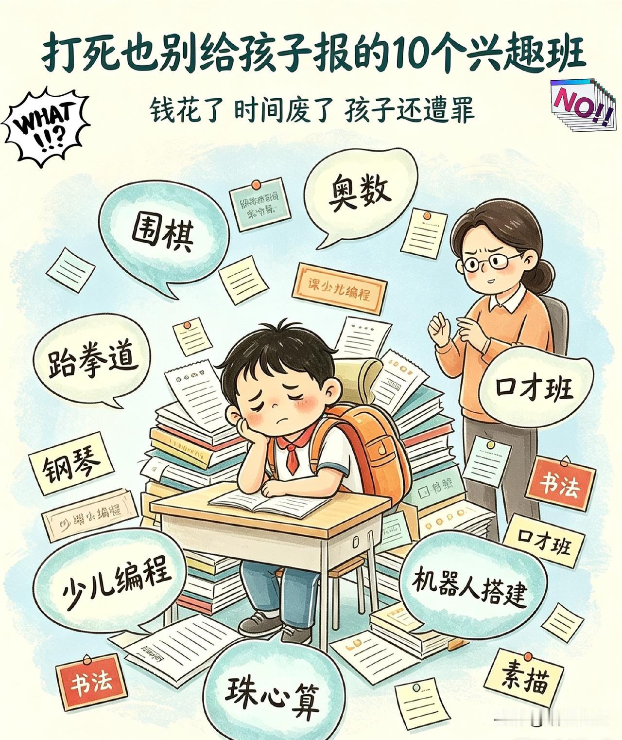 打死也别给孩子报的几个兴趣班，钱花了时间废了，孩子还遭罪！说句难听的，现在市