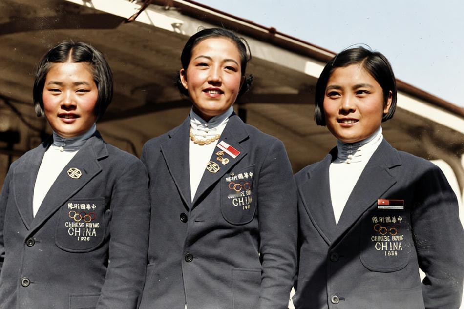 这张照片拍摄于1936年柏林奥运会期间，展示了中国国术（武术）表演队*的三位女选