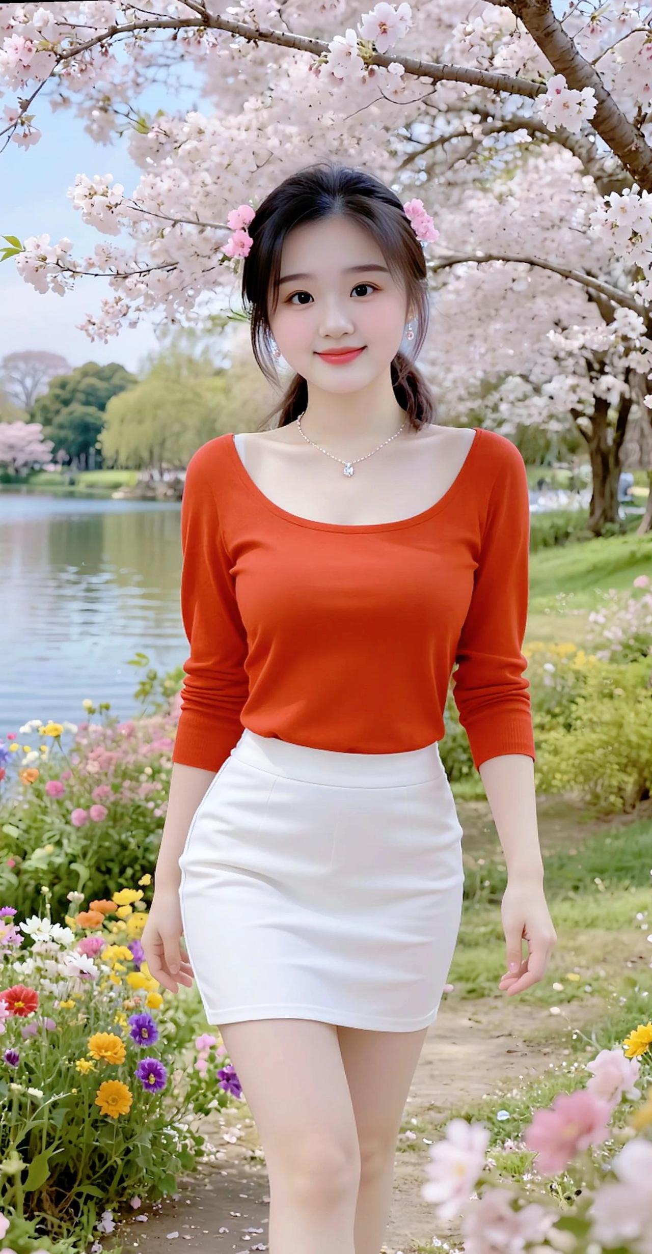 池塘边拍照气质美女短裙妞