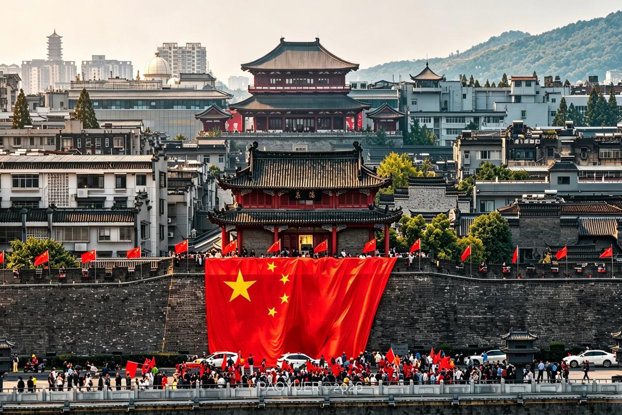 千年古城承古今，一帜红日映山河。襄阳城墙挂上巨幅五星红旗愿家国永固，山河无