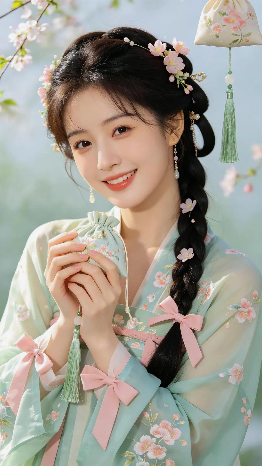 温柔古风少女，花枝招展，笑靥如花