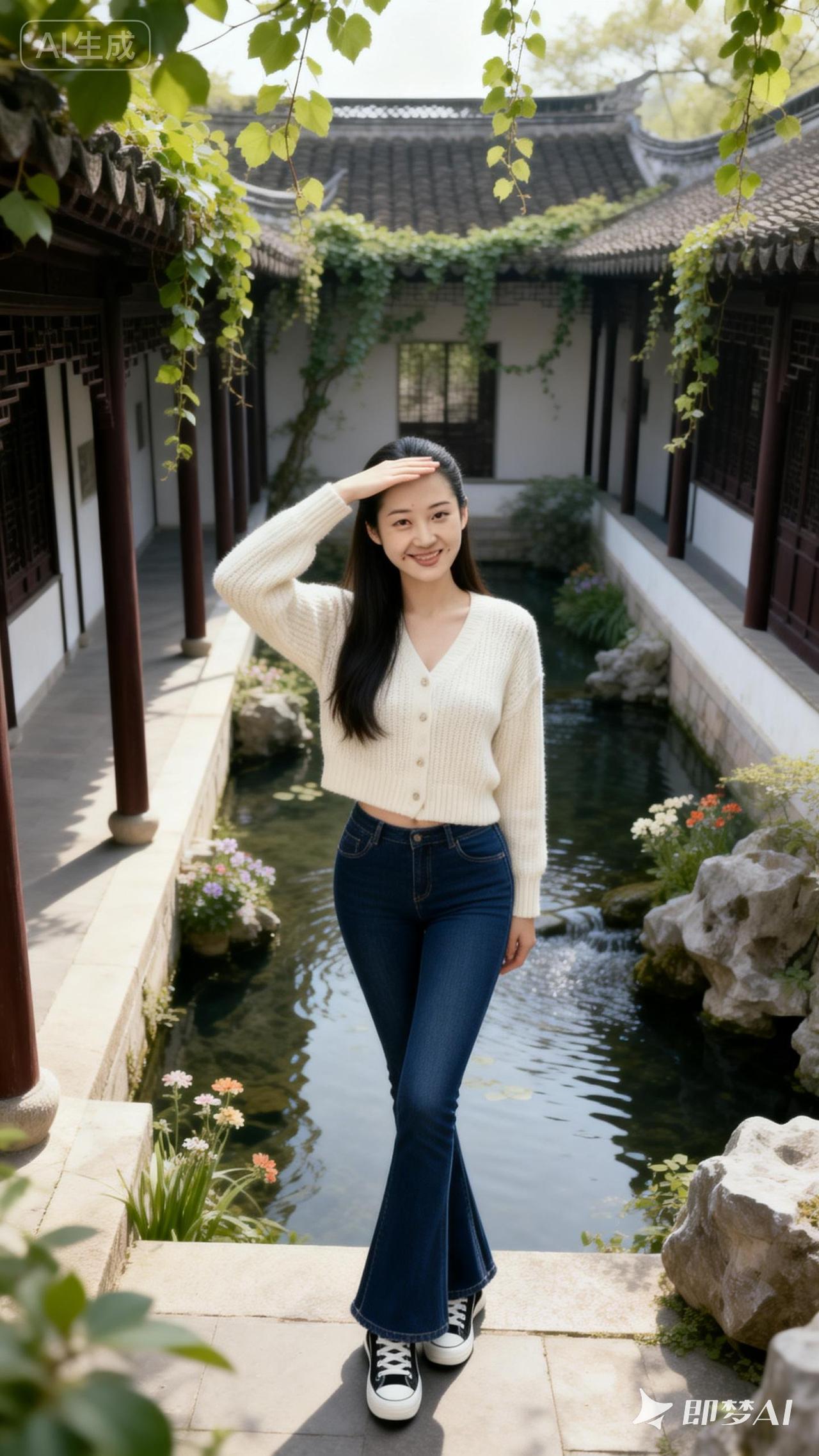 在古风庭院中，优雅的少女与自然和谐共处。