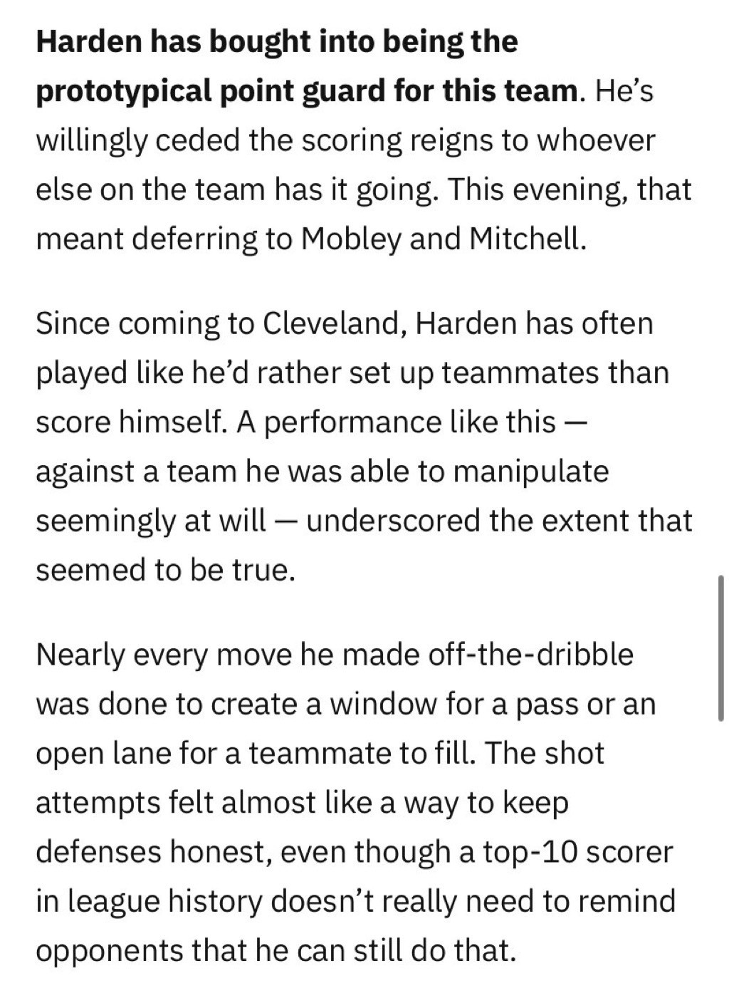 骑记谈到哈登：哈登已经接受了成为这支球队典型控球后卫的角色。他愿意将得分的主导