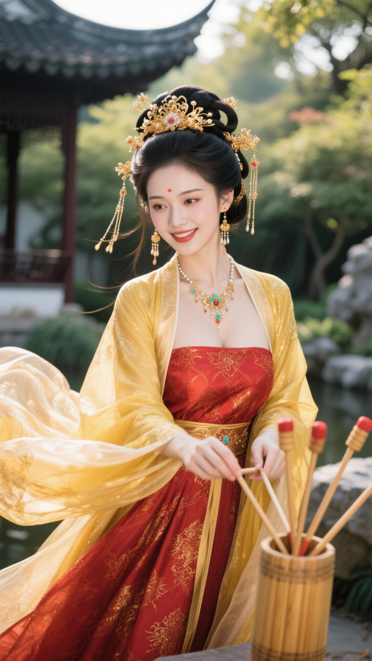 《卜算子·投壶戏春》金缕覆红妆，青带随风舞。笑拈投壶箭一枝，轻掷穿云去。