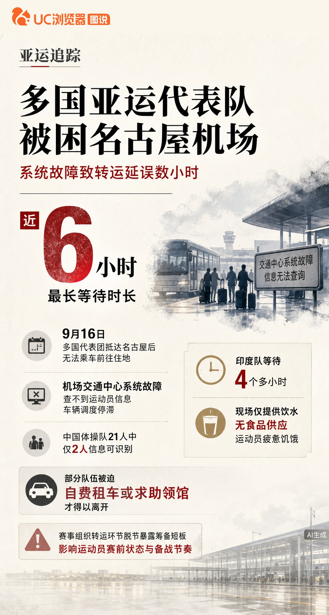 名古屋亚运转运系统故障，多国代表队落地后被困机场近6小时。中国体操队21人仅2人信息可查，现场无食品