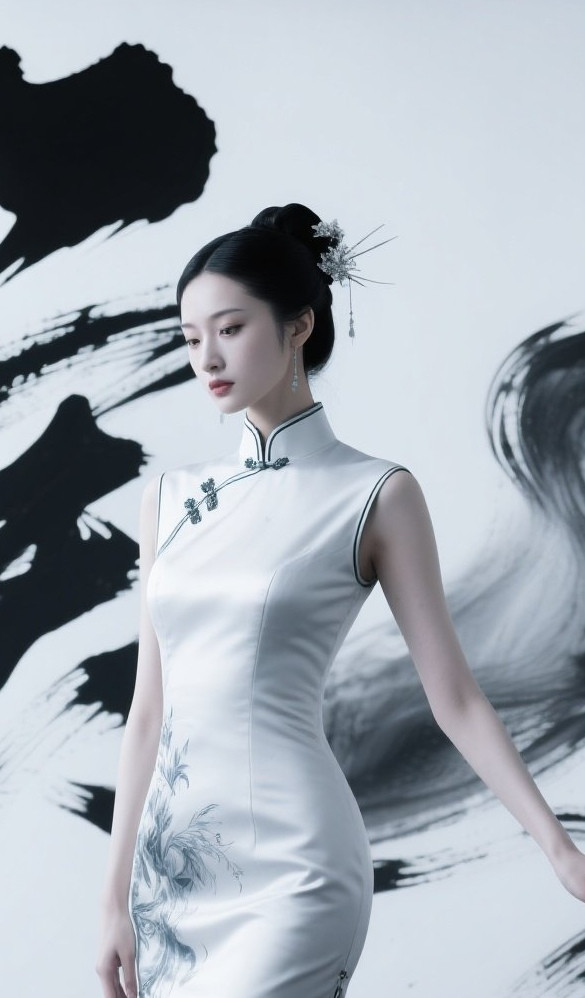 旗袍女子执团扇，古典优雅入诗篇
