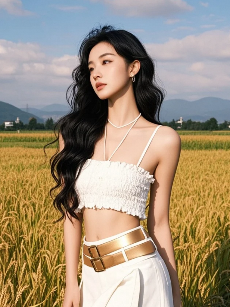 她与稻穗同频摇曳，仿佛听懂了大地的节拍。