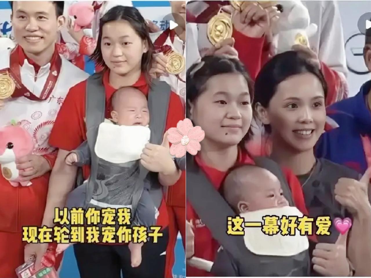 这下好了，不仅跳水队知道了，全国人民都知道了，全红婵帮师哥谢思埸带娃。