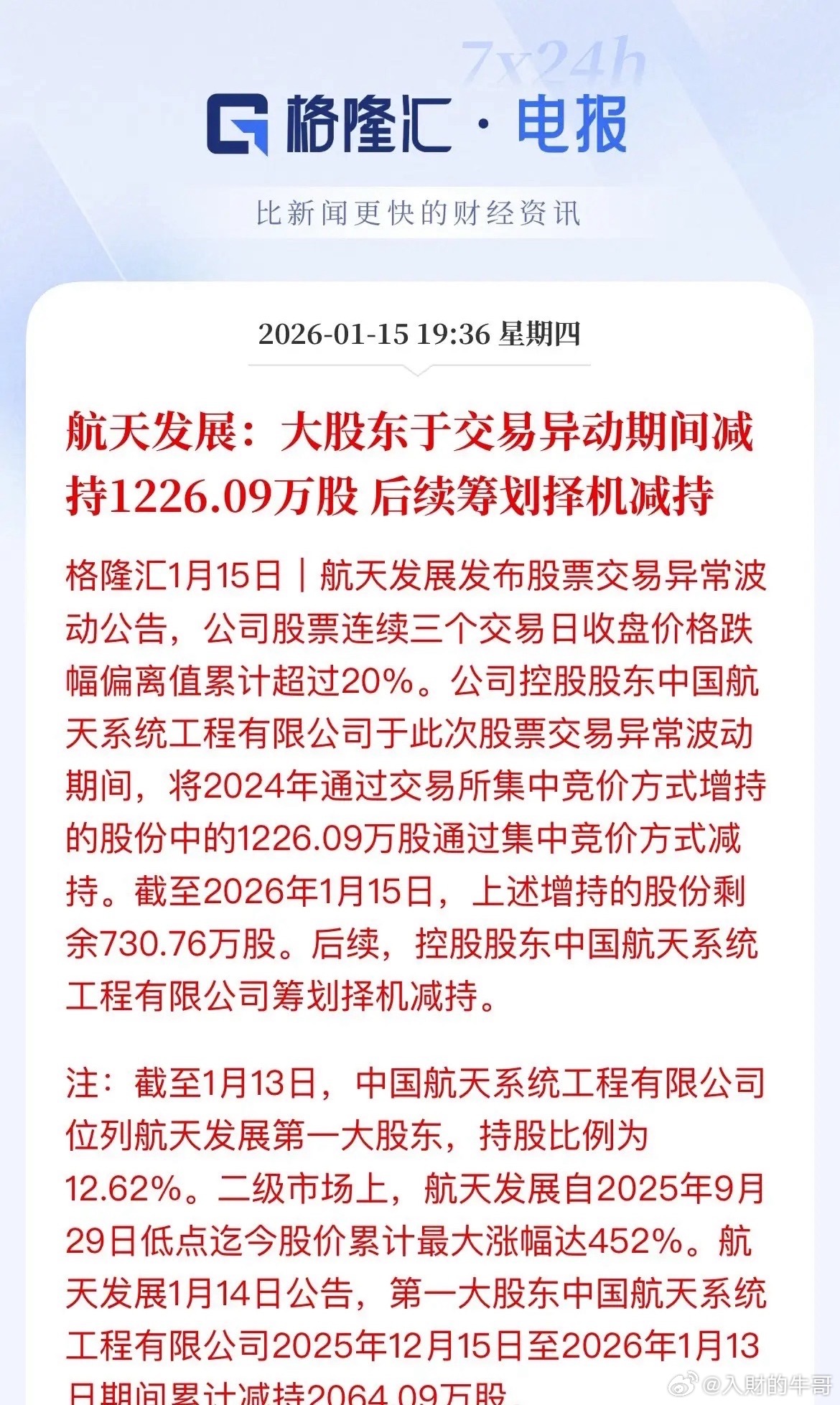 翻4.5倍的航展发布公告减持，屡见不鲜，只要涨的好，基本最终就是这个操作，减持，
