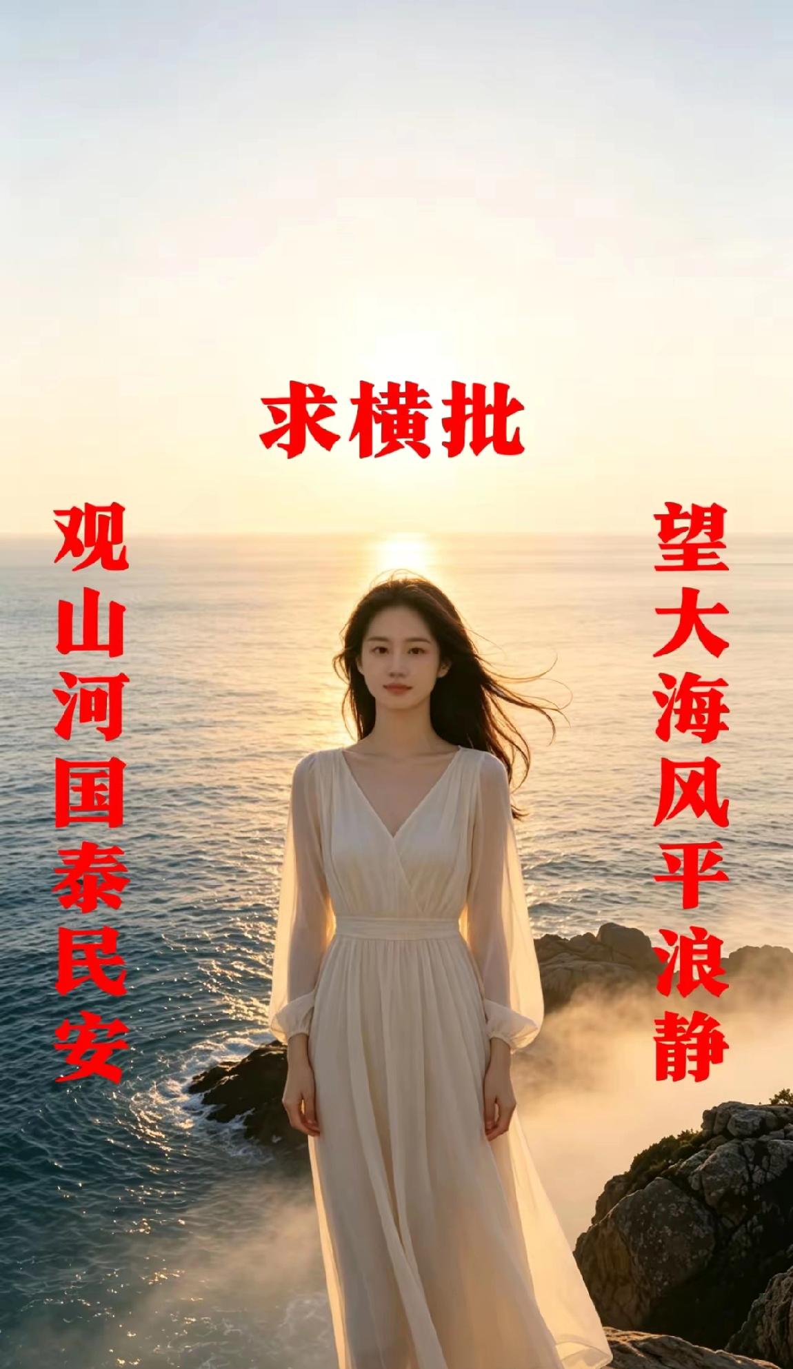 美女大学生到海边游玩，在沙滩上写一副对联，可惜没有横批，看哪一位高人能写出完美横