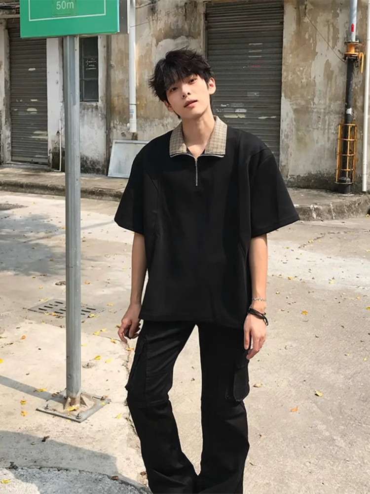 千鸟格拼接短袖polo衫男夏季老钱风重磅
