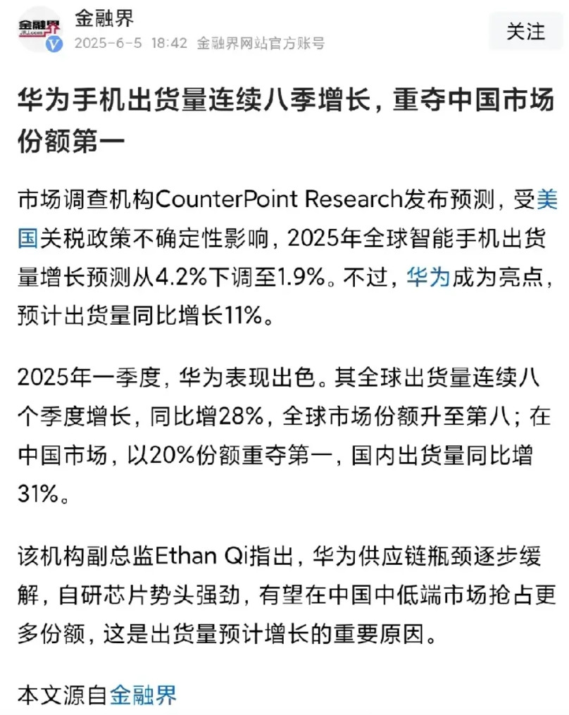 华为真正上演了什么叫做真正的王者归来！已经连续8个季度增长了，同比增长28%