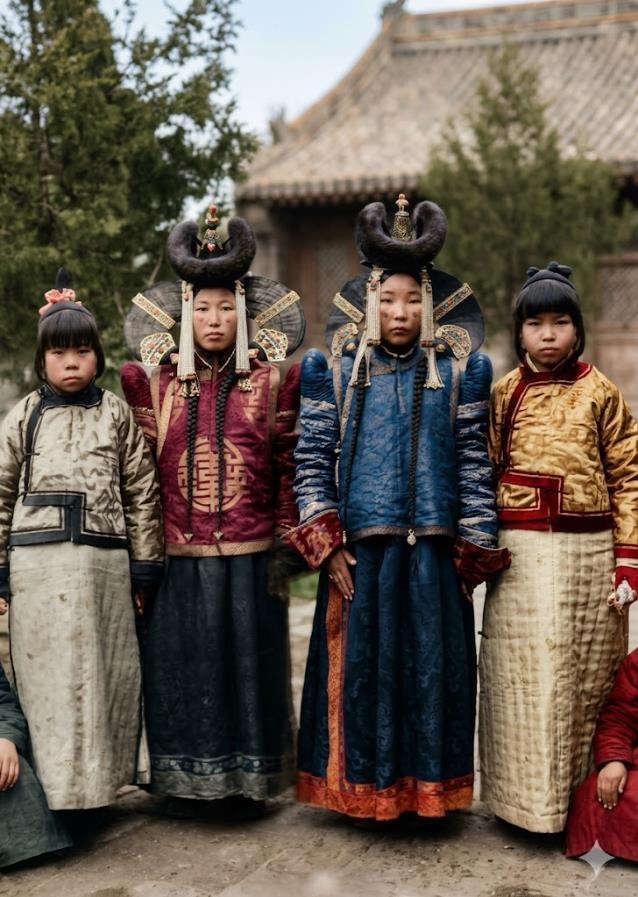 晚清，蒙古族贵族女子与汉族少女同框。中间两位蒙古族贵妇，头戴牛角形贵族礼冠，冠