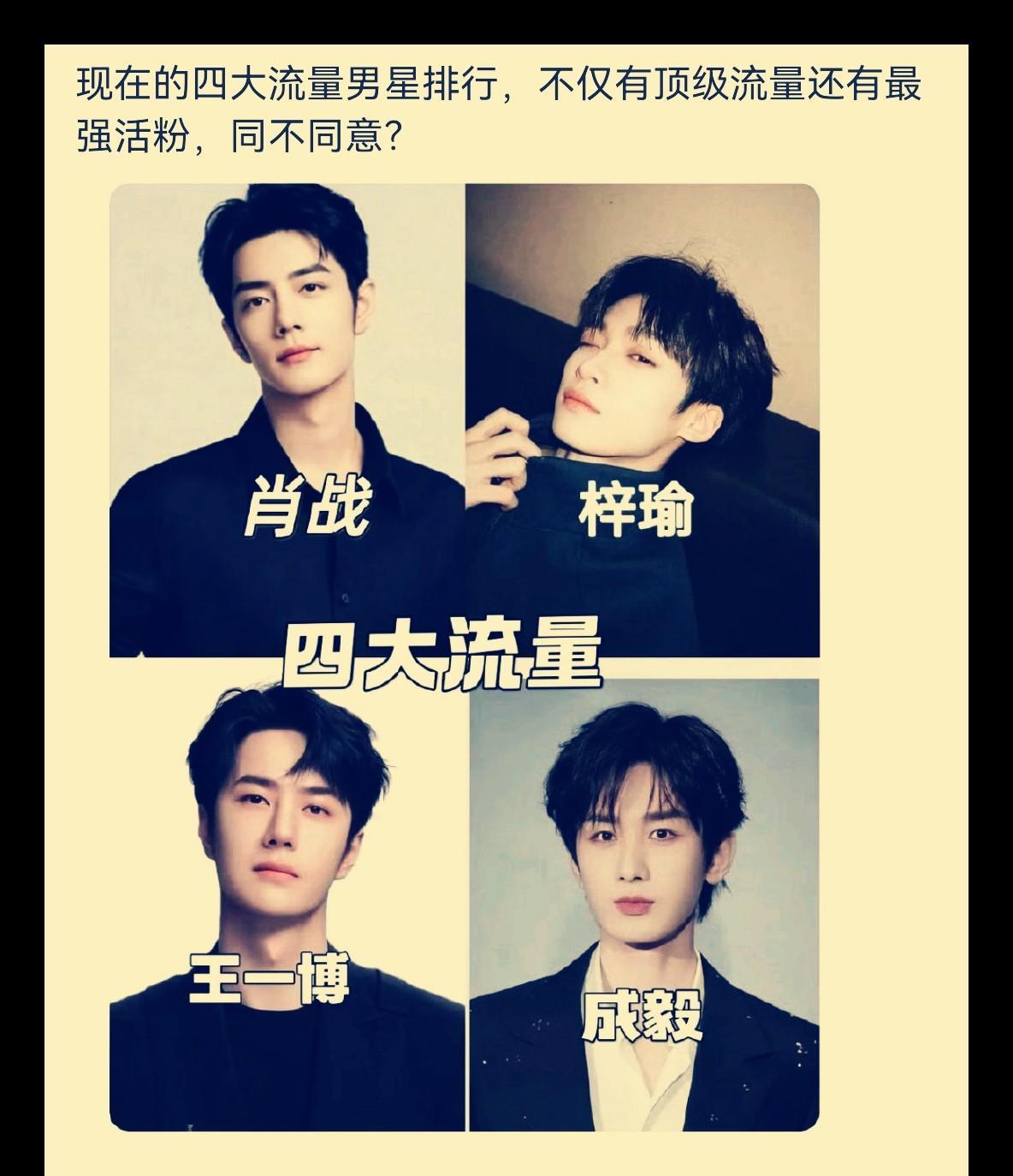 网友排出的当今四大流量男星排行，那简直是一石激起千层浪！成毅荣登榜首，梓瑜位居第