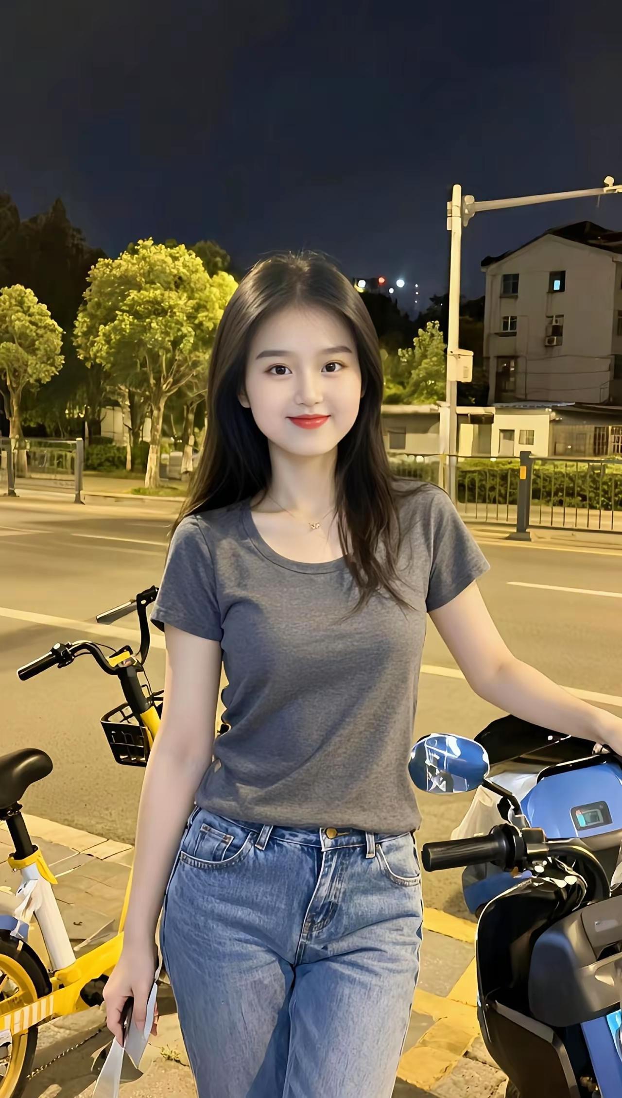 夜晚街头的甜美少女，骑着小摩托，享受自由时光。🌙🚴‍♀️💕