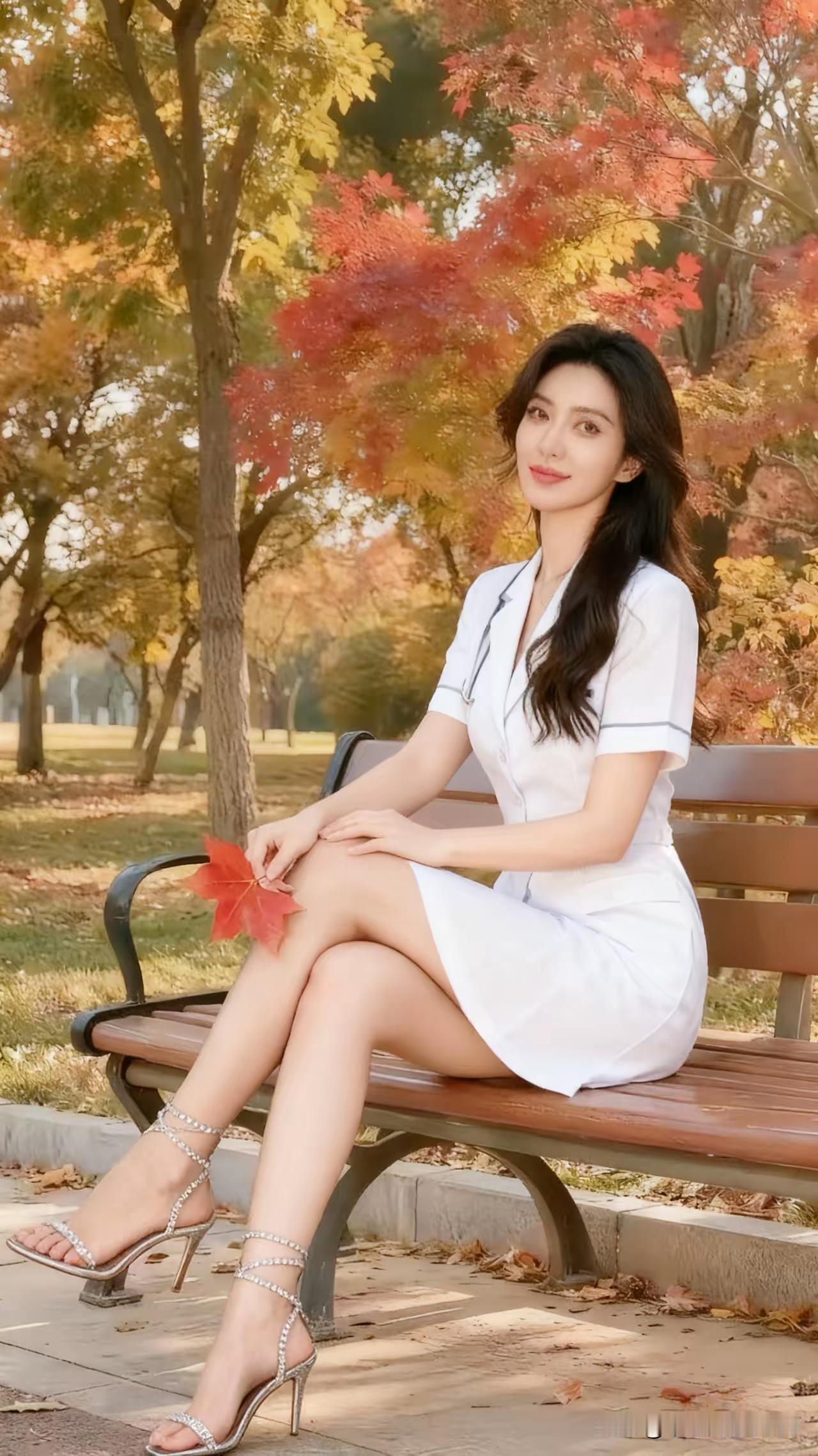 秋日暖阳下，白裙少女与红叶共舞