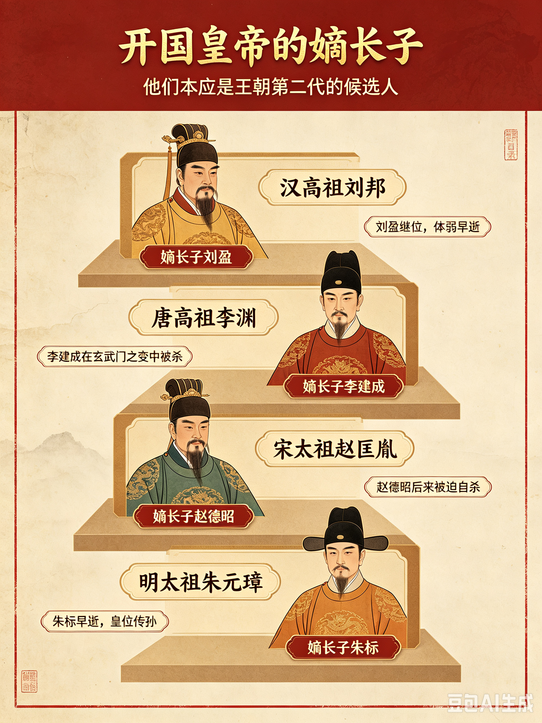 被诅咒的历史:很难继位的大一统开国皇帝嫡长子。秦始皇的长子扶苏:被赐死。汉高祖刘邦嫡长子刘盈:唯一继
