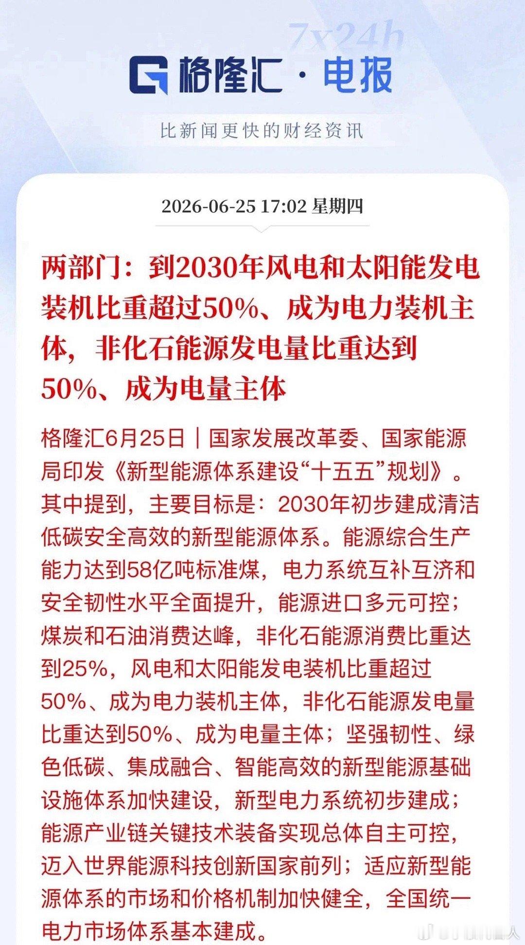 顶层规划定调：2030年风光电将成为电力“双料主体”发改委、能源局刚刚印发"十五