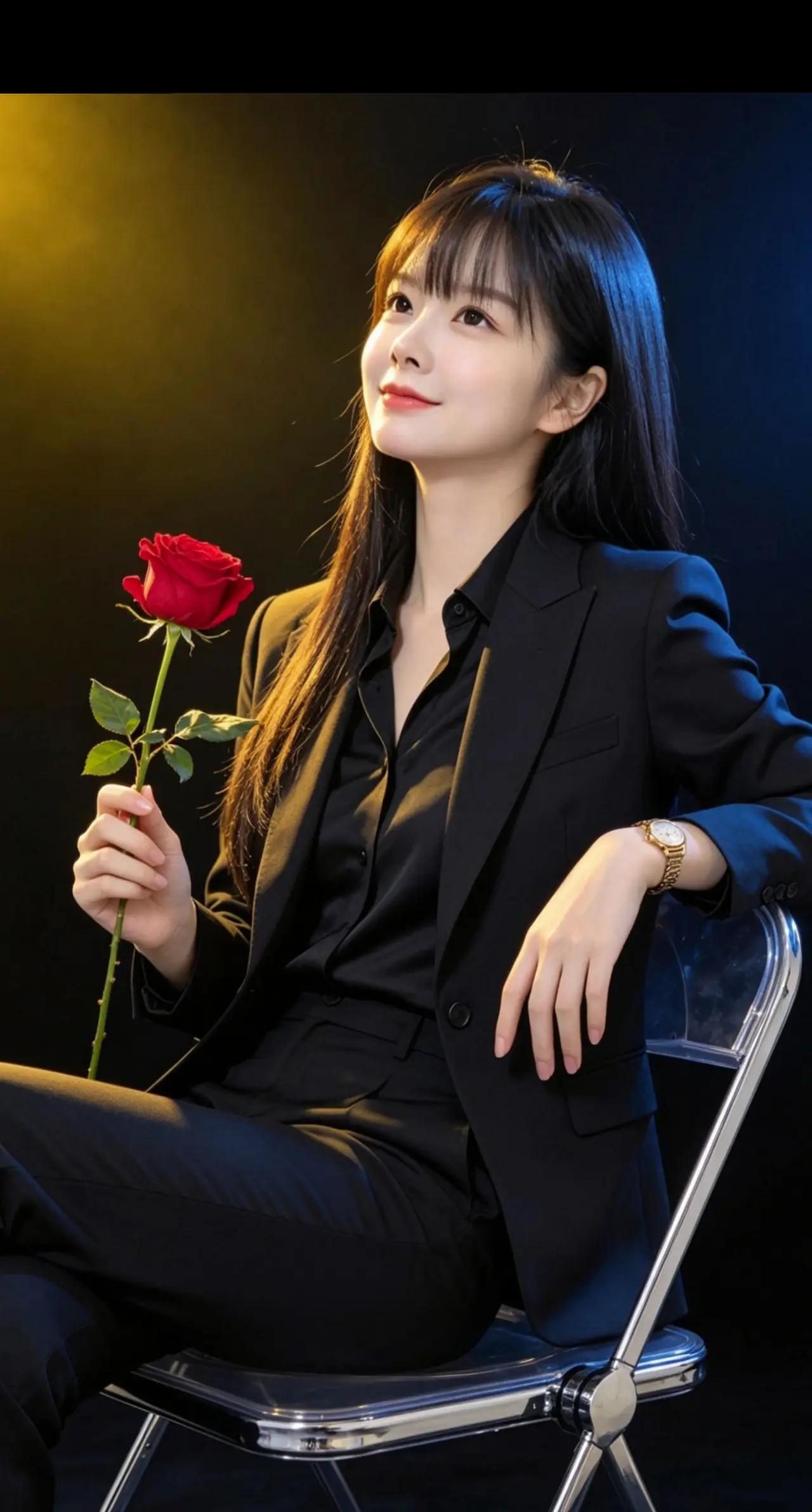 一个穿黑色西装的美女拿着玫瑰坐着。气质西装女神红玫瑰气质美女