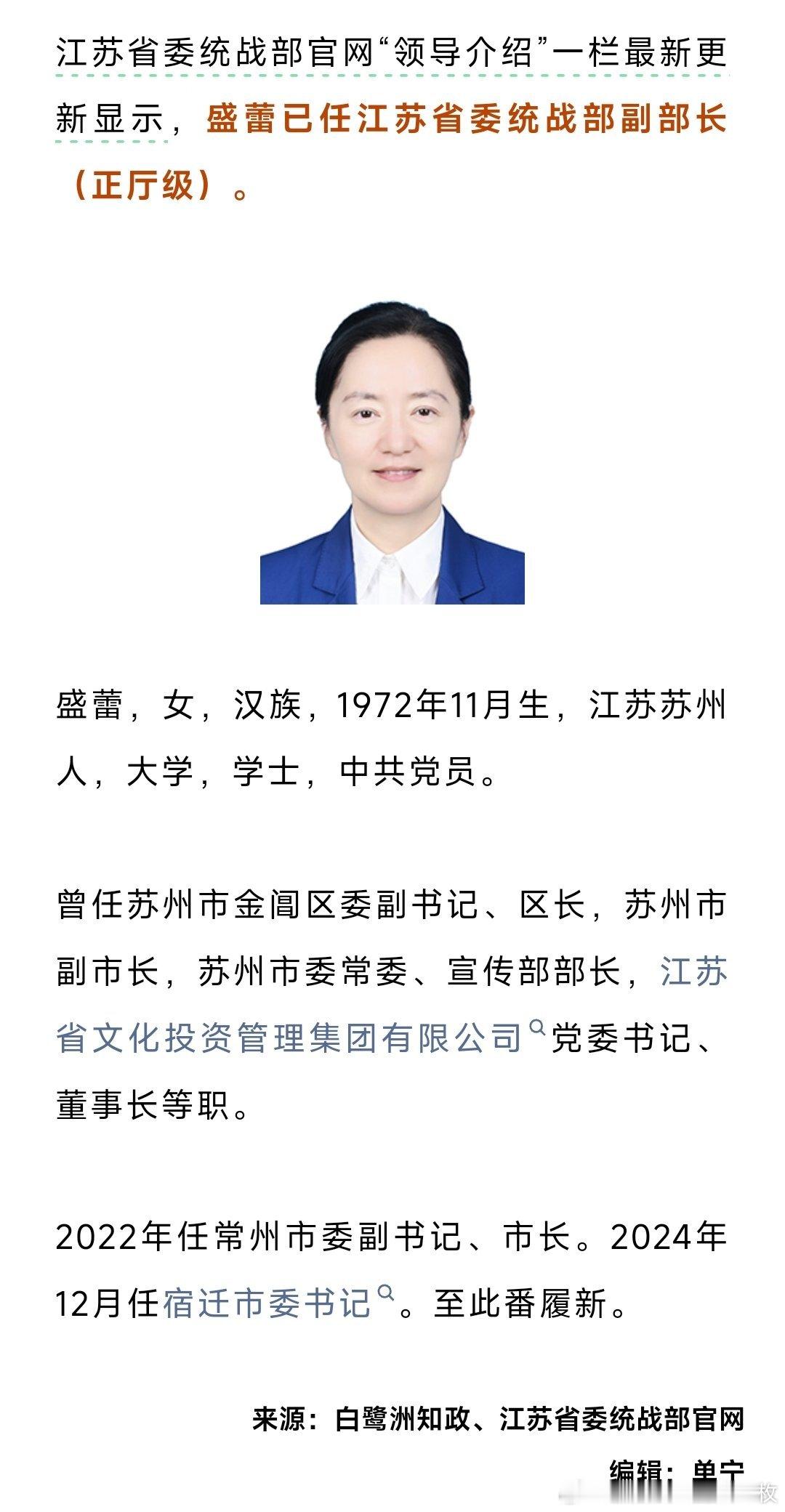 盛蕾已任江苏省委统战部副部长（正厅级）。​​​