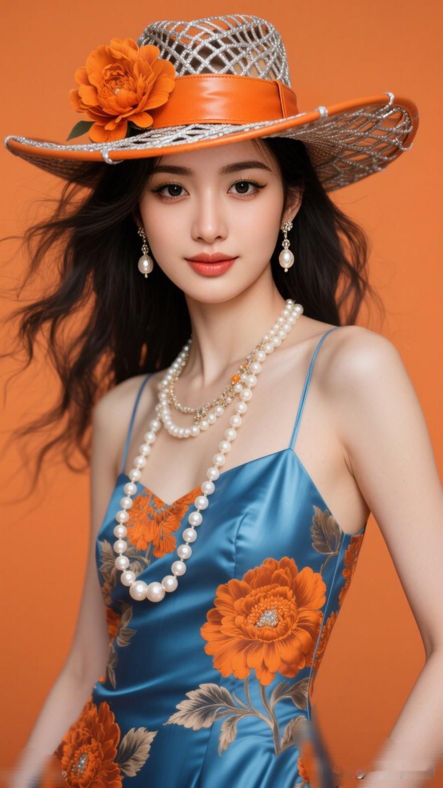 花开花落，美人如画。现在有哪些穿衣风格优雅复古风，橙色花裙配珍珠项链，美不胜收