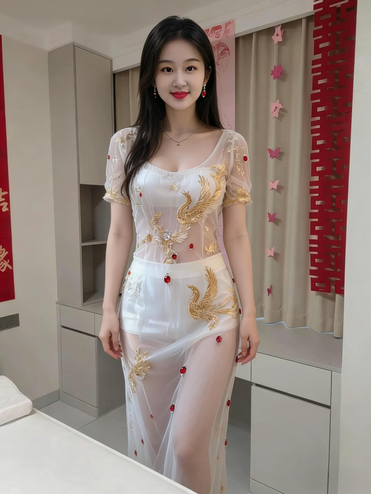 窗棂边的红绸还凝着喜字的余温，白纱似揉碎的月光，披在肩头。金线绣的凤凰，翅尖