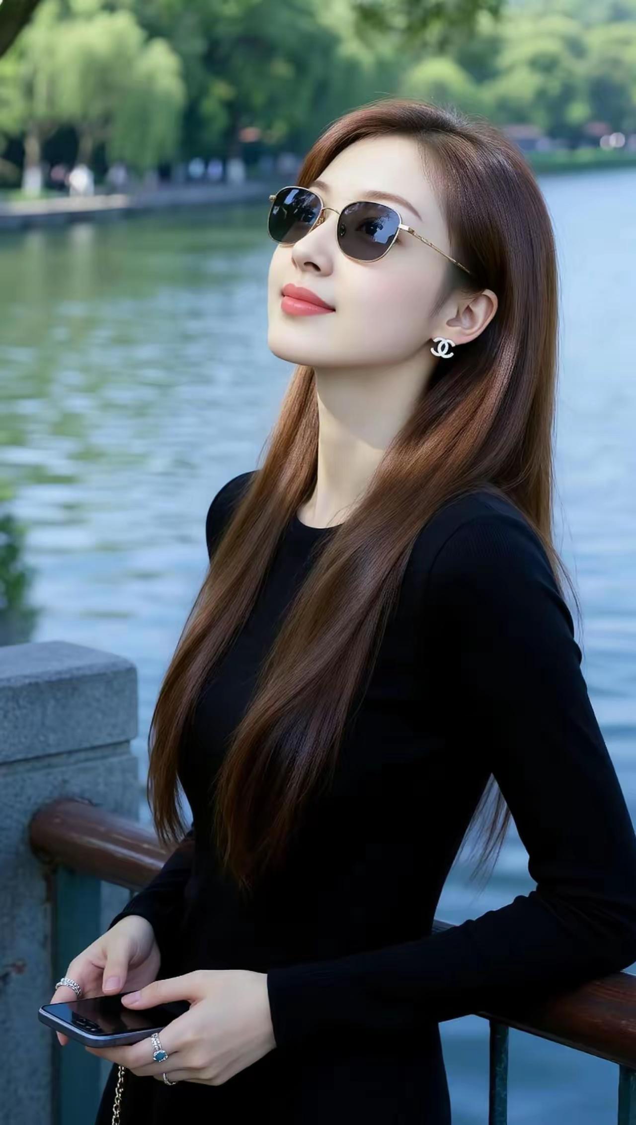 阳光明媚的午后，河畔边时尚美少女，享受宁静时光🌟💝🌴