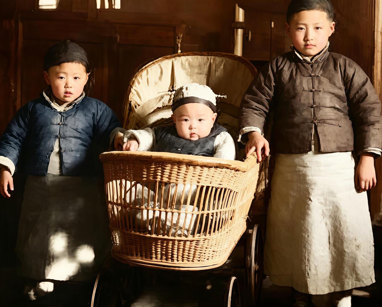 这是孔府的大小姐孔德齐、二小姐孔德懋，还有坐在婴儿车里的孔德成。姐弟三人都是当年