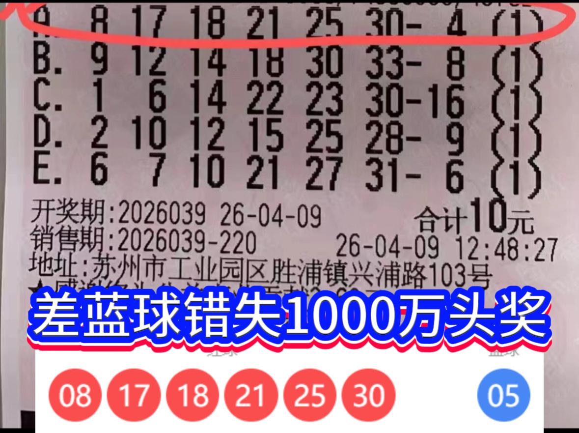 差1个蓝球错失千万！江苏彩民双色球26039期憾失头奖，仍揽25万二等奖双色