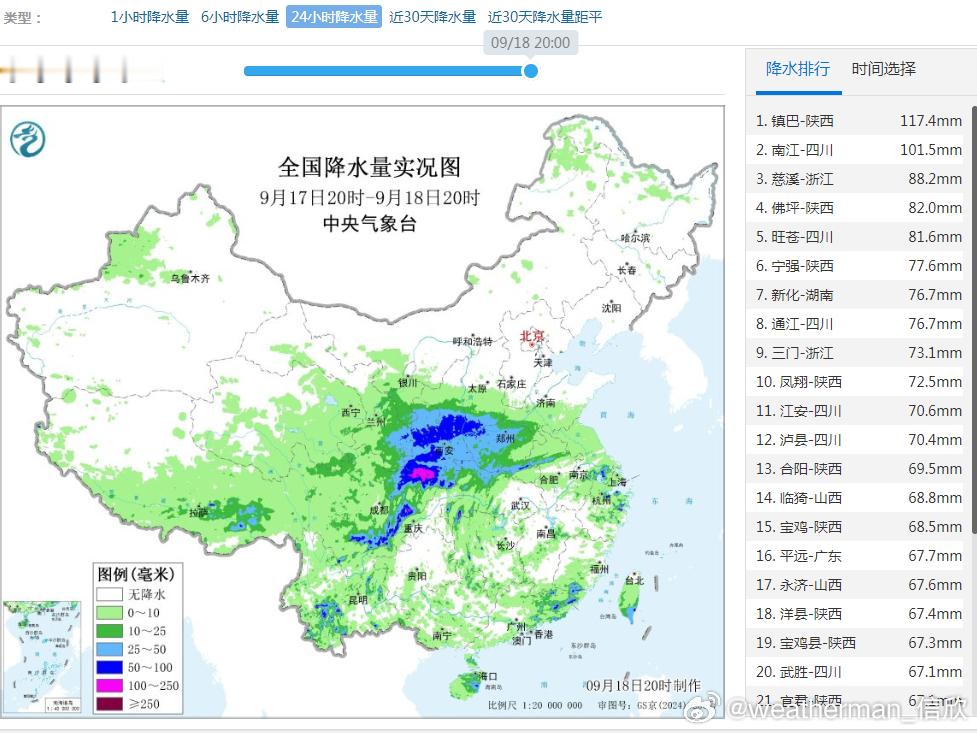 【强降雨围绕副高】昨晚到今天，副热带高压西侧北侧的四川甘肃陕西山西河南一带，形成