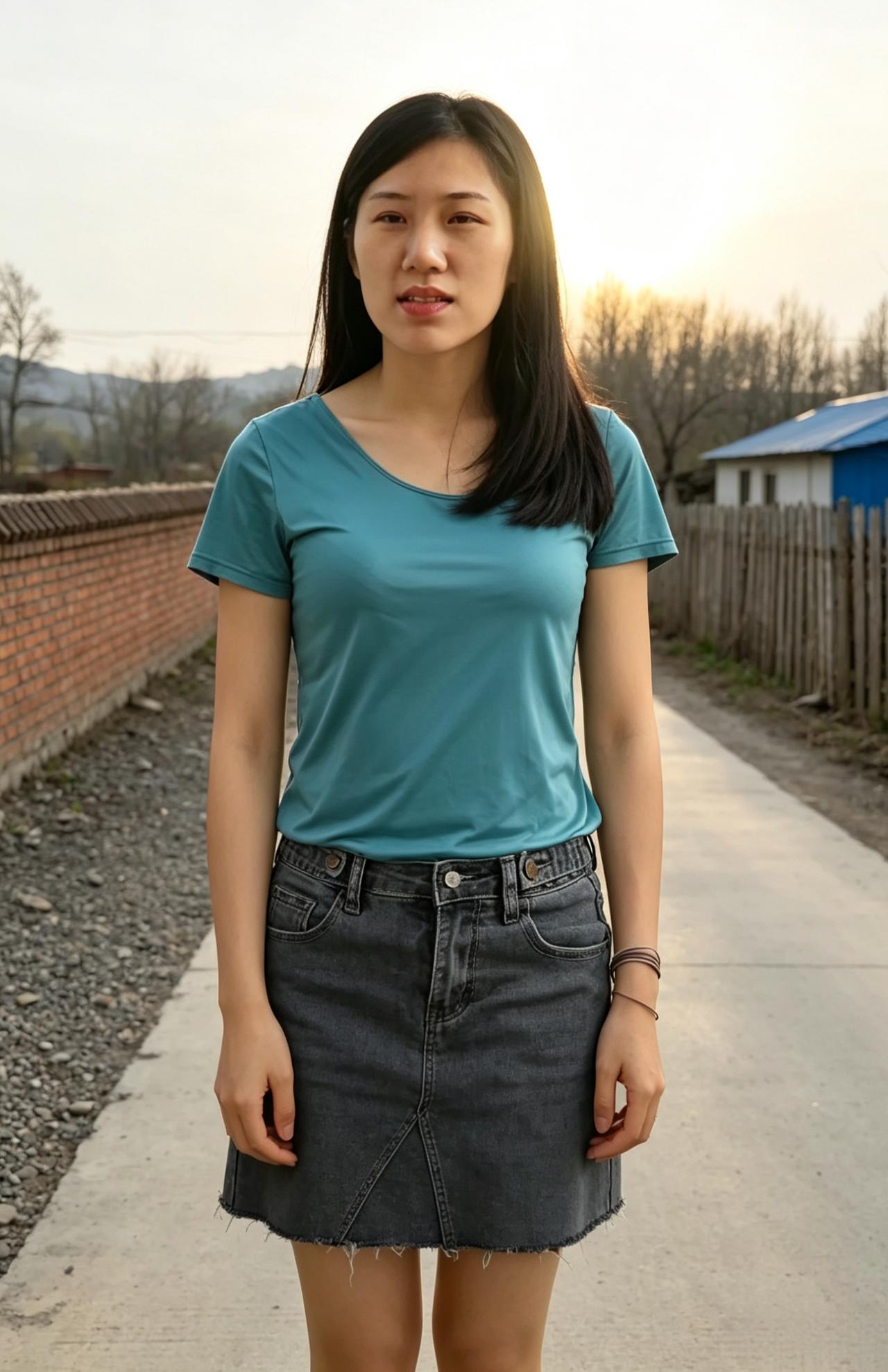 日暮郊原风渐柔，青衫浅立自清幽。乡间暮色添灵韵，一笑嫣然醉春秋。