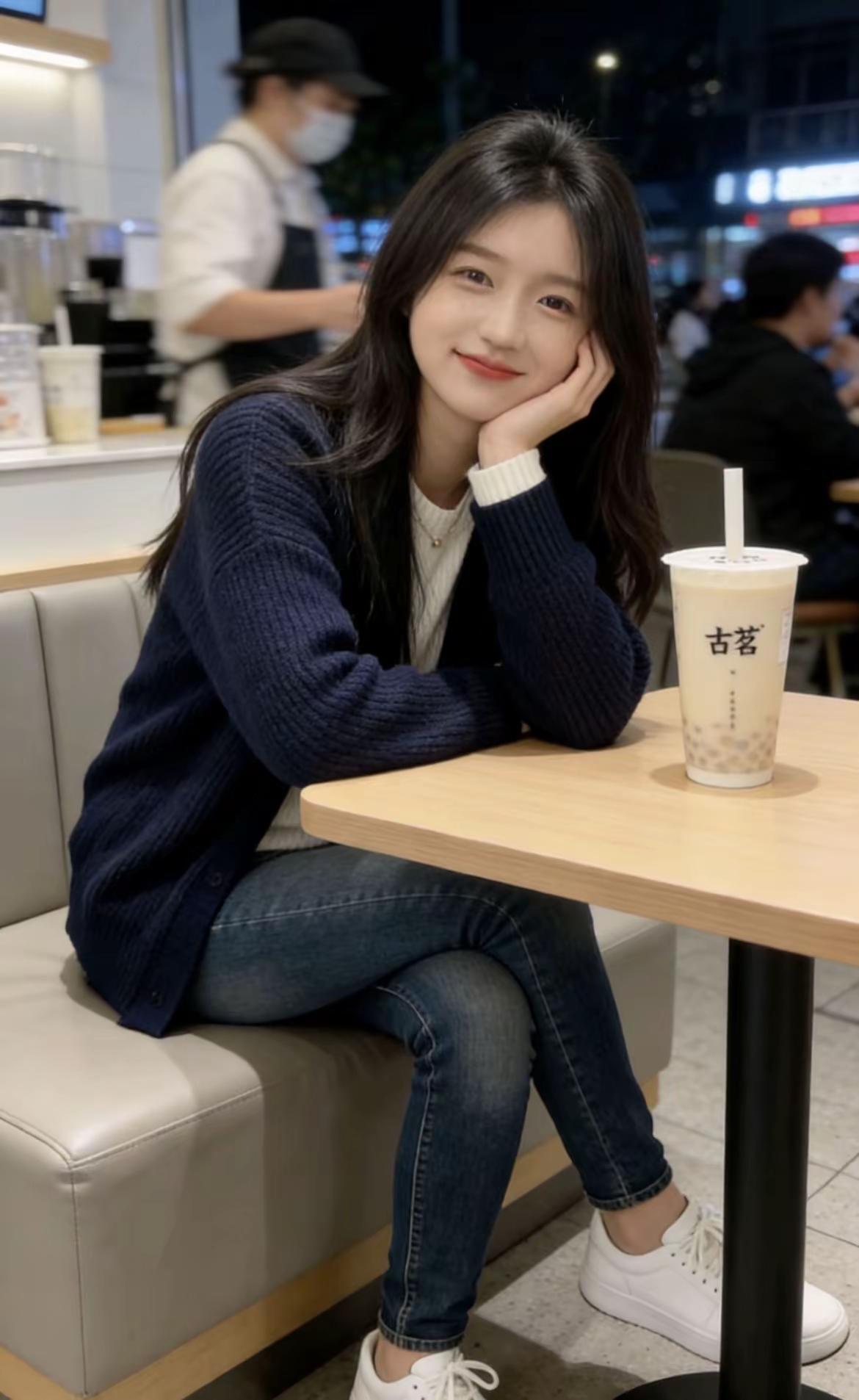 古茗夜晚的甜，全写在脸上啦。古茗打卡✅抿嘴笑是装可爱吗？是真可爱穿搭每日分享