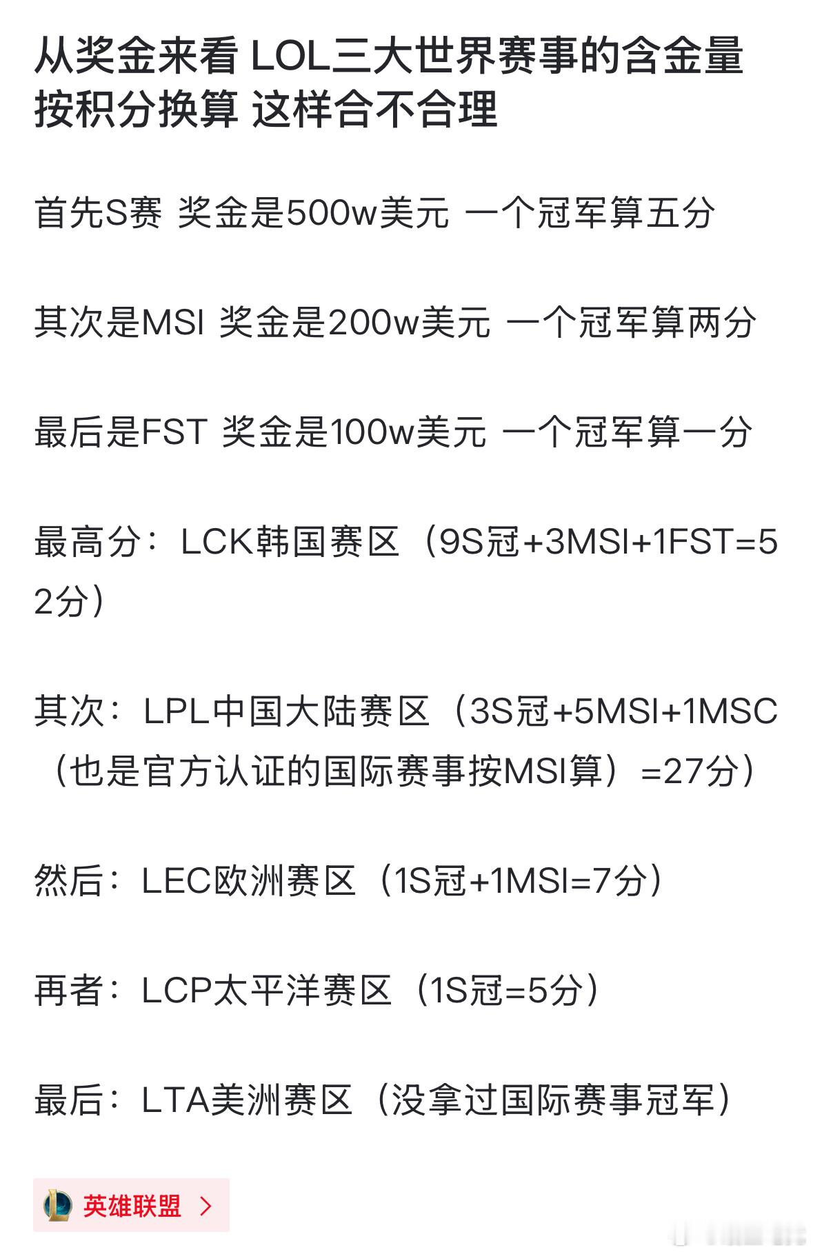 LOL选手奖金榜更新网友热议：从奖金来看LOL三大世界赛事的含金量按积分换算