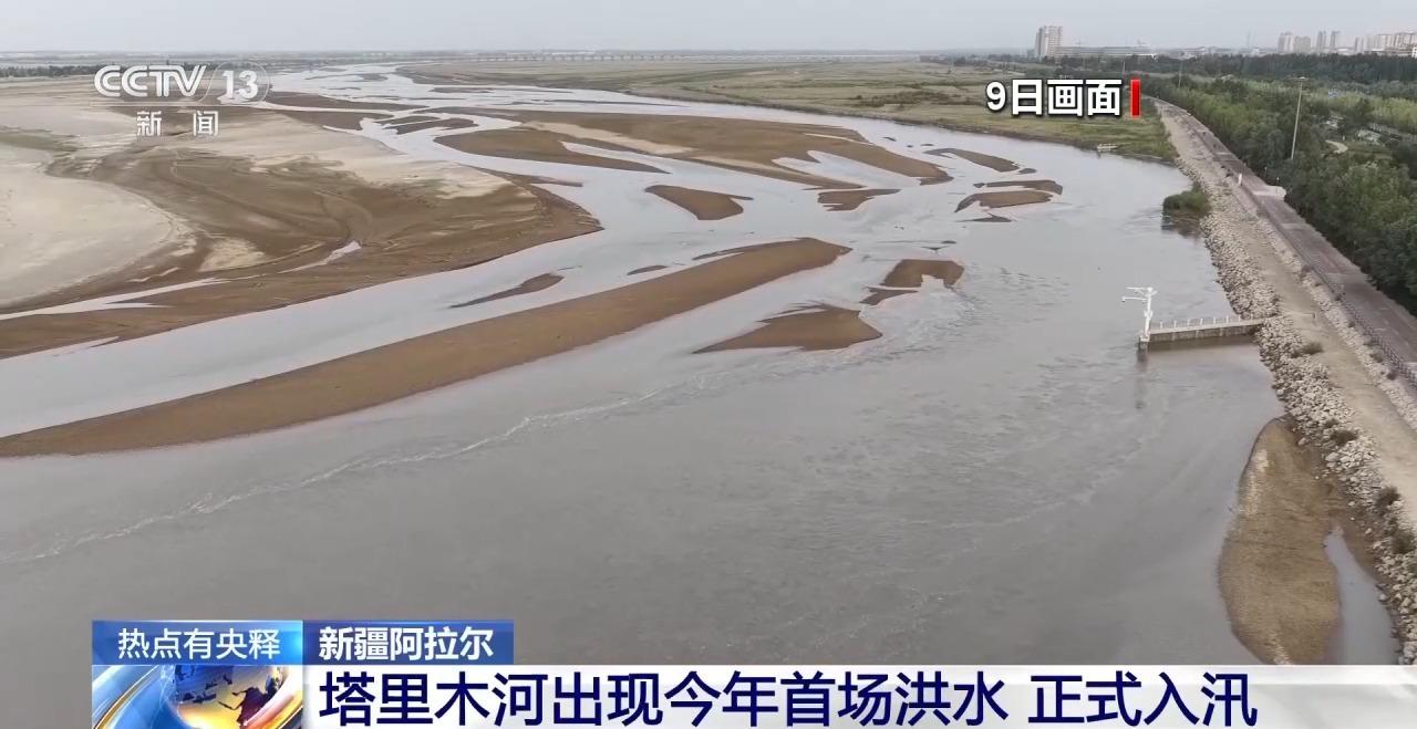2026年6月9日，塔克拉玛干沙漠北缘阿拉尔河段迎来塔里木河今年首场洪水，干旱沙