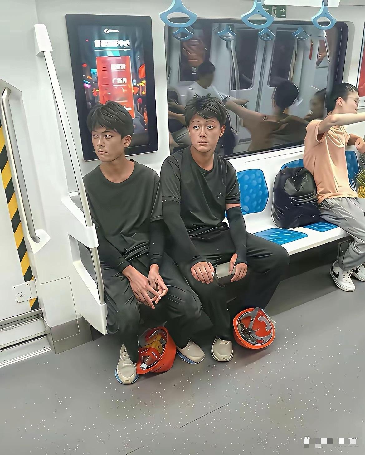 两个年轻人应该是第一次坐地铁​​​