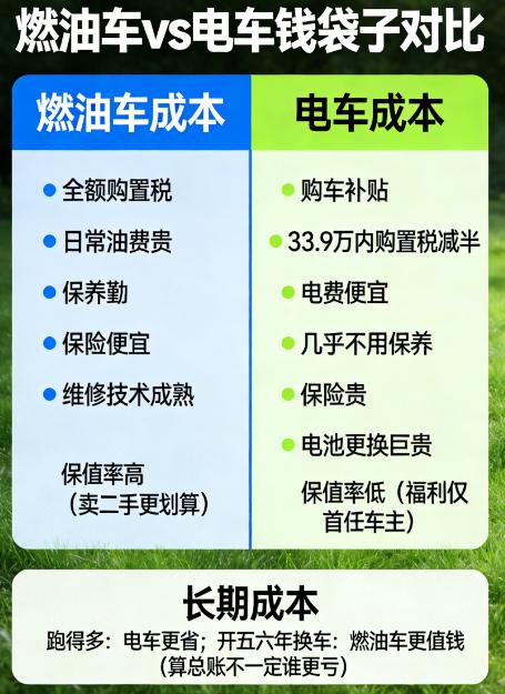 🚗燃油车vs电车对比一、钱袋子方面买车&养车：燃油车要交全额购置税，日常