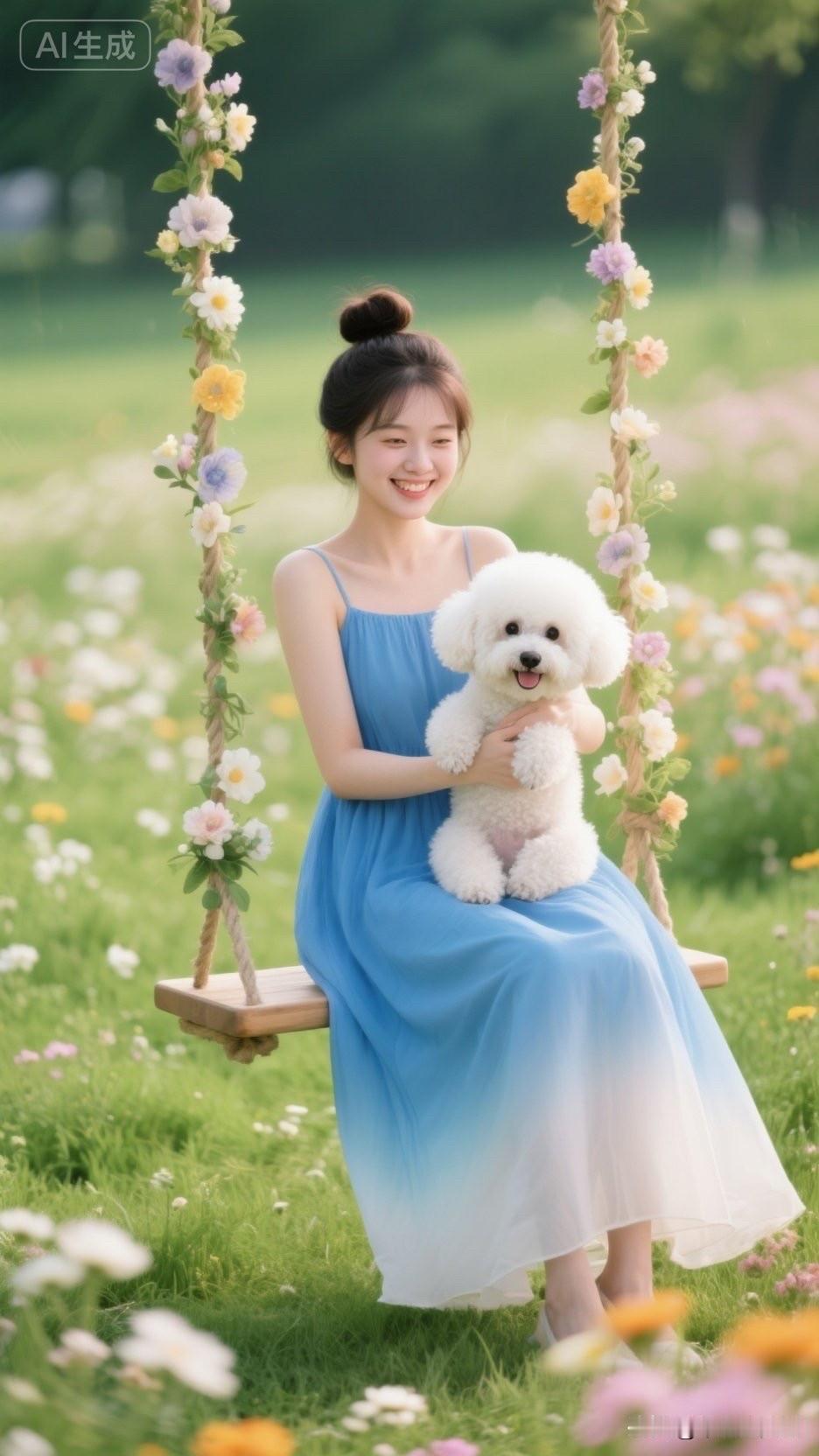 在花海中荡秋千，与毛茸茸的狗狗一起享受美好时光。🌸🐾💙