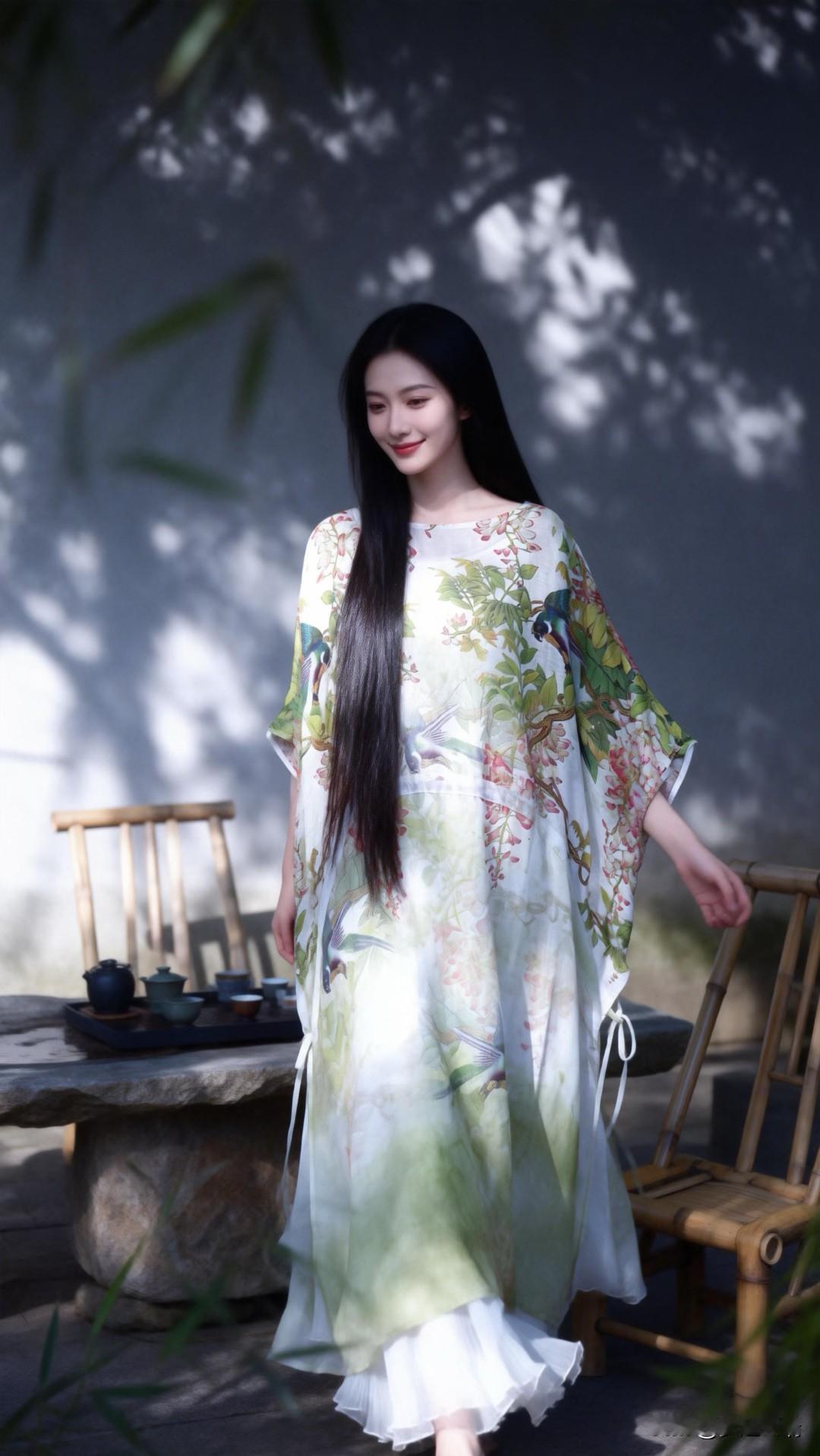 一袭飘逸的汉服，搭配竹林背景，宛如仙子下凡。