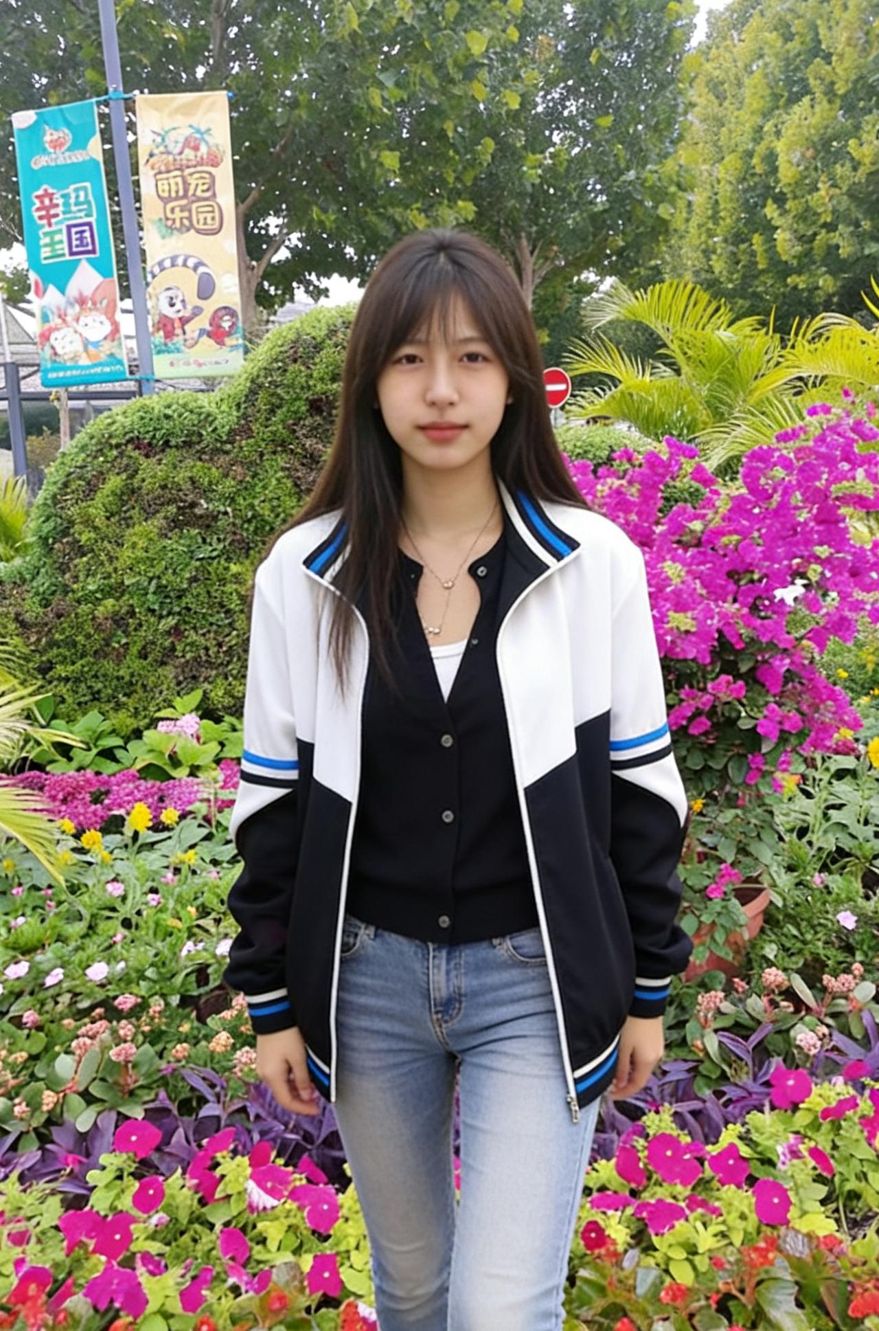 彩旆摇风映锦丛，佳人漫步赏花容。轻衫漫卷青春色，笑指芳园第几重。