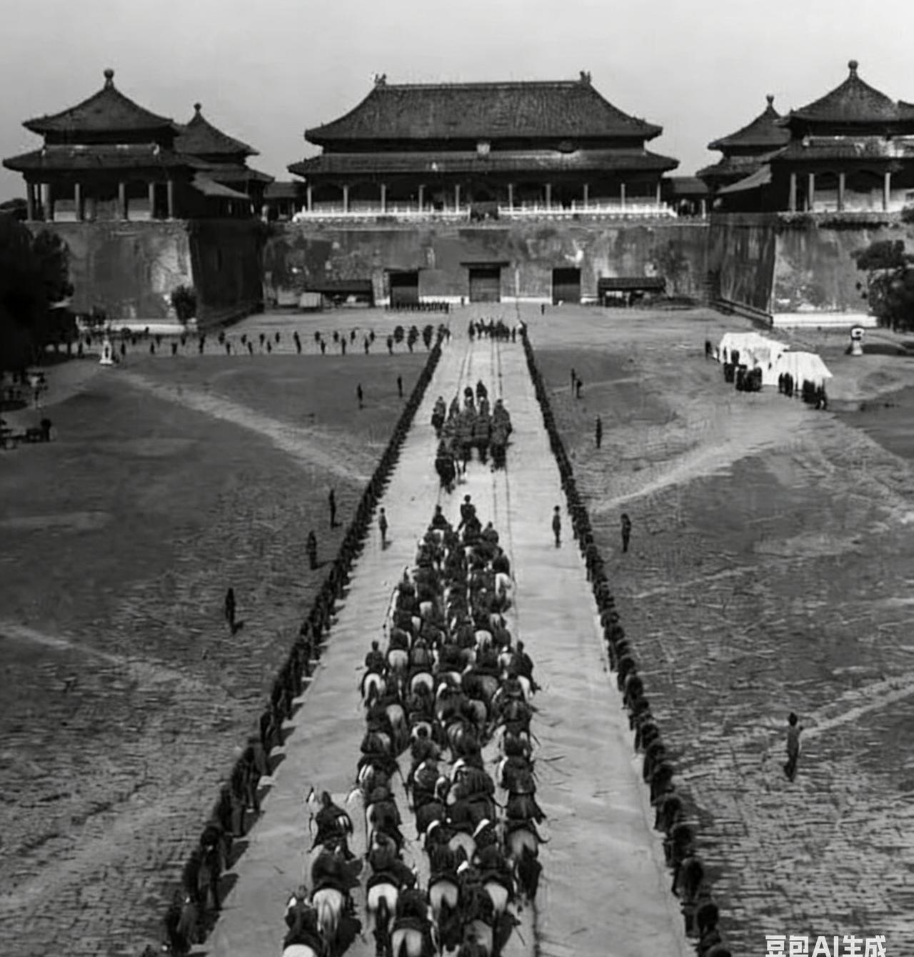 大清掌权人慈禧正缩在三辆破木车里，穿着农妇脏衣拼命逃窜。这位统治了中国近半个