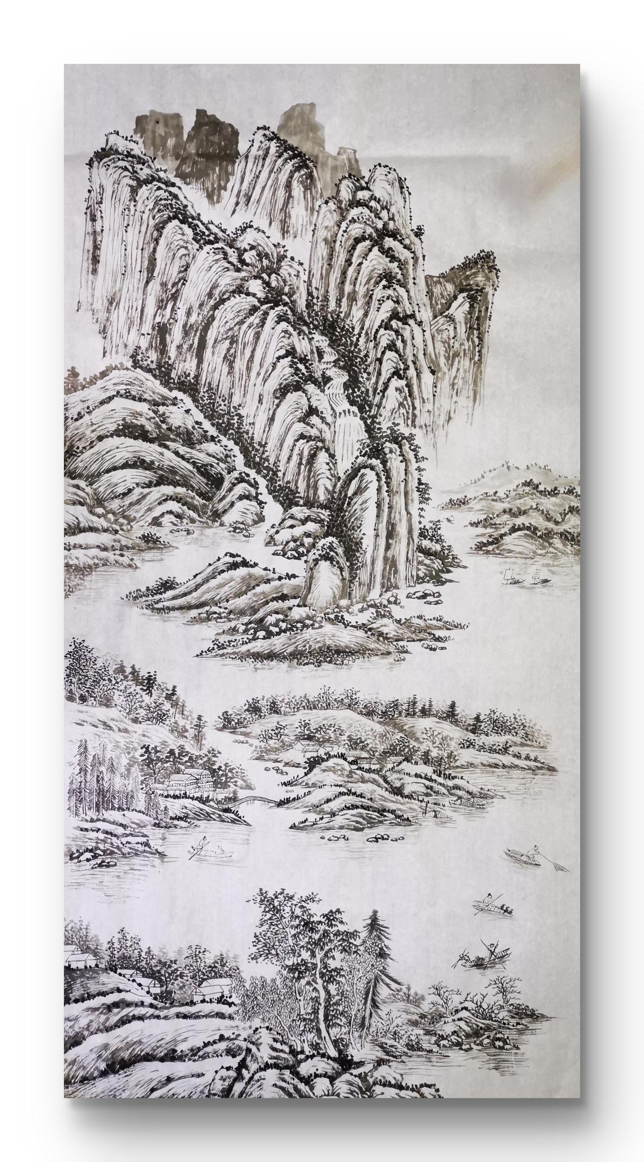 山水画稿完成山水画稿幅，耗费六小时，每一天两小时，共三天。画得少，笔就生。中