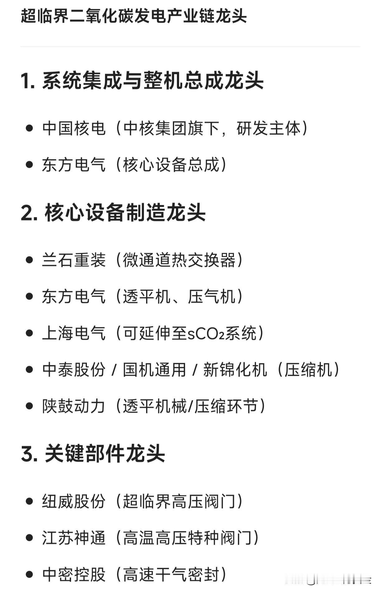 超临界二氧化碳发电产业链龙头代表企业1.系统集成与整机总成龙头中国核电